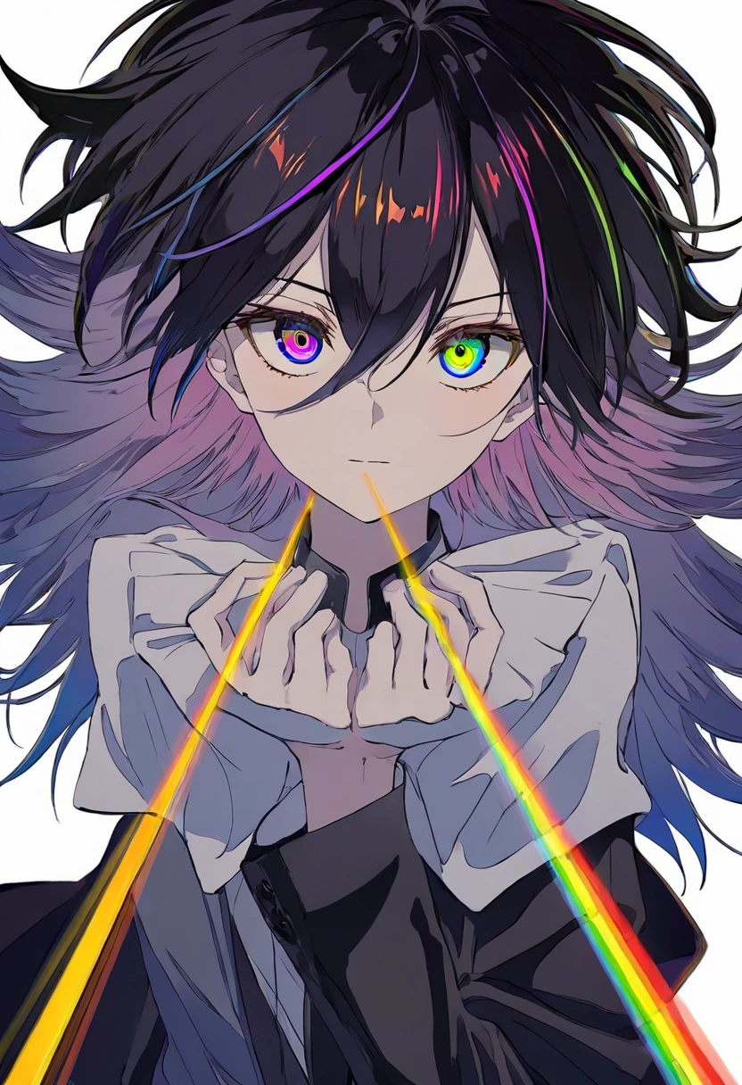 anime, High image quality, delicate details, unbroken face, beautiful face, very good fingerasterpiece), best quality, expressive eyes, perfect face, 1boy, black hair, dark, sickly, low saturation, dark colorful color eyes, dark, rainbow hair, dark rainbow eyes, full body, dynamic, (((BOY))), full body