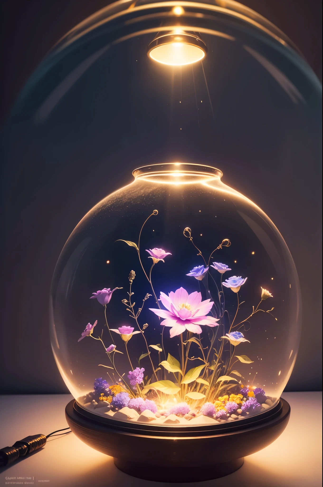there is a small glass dome with flowers inside of it, lights with bloom, glowing flowers, beautiful lit, made of glowing wax and ceramic, luminous flowers, lamps and flowers, very beautiful ambient light, beautifully lit, beautiful kawaii lighting, captivating glowing lights, beautiful lit lamps, romantic light, glowing neon flowers, beautiful ambient light, bloomed lighting, beatifully lit