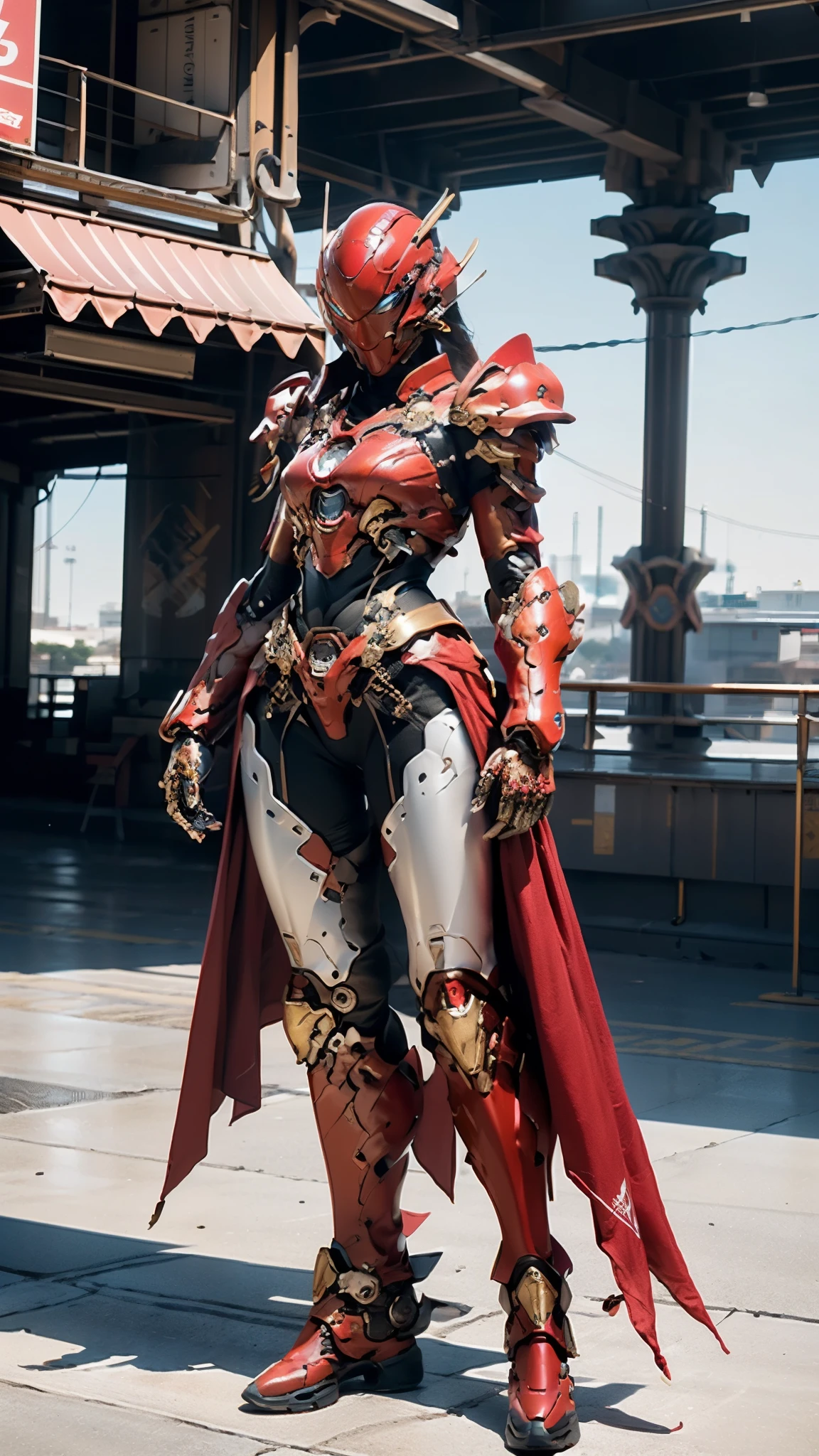 A woman adorned in fantasy-style full-body armor, a crown-concept fully enclosed helmet that unveils only her eyes, a composite layered chest plate, fully encompassing shoulder and hand guards, a lightweight waist armor, form-fitting shin guards, the overall design is heavy-duty yet flexible, ((the armor gleams with a golden glow, complemented by red and blue accents)), exhibiting a noble aura, she floats above a fantasy-surreal high-tech city, this character embodies a finely crafted fantasy-surreal style armored hero in anime style, exquisite and mature manga art style, (Queen bee mixed with Spider concept Armor), ((Eastern European, elegant, goddess, femminine:1.5)), metallic, high definition, best quality, highres, ultra-detailed, ultra-fine painting, extremely delicate, professional, anatomically correct, symmetrical face, extremely detailed eyes and face, high quality eyes, creativity, RAW photo, UHD, 32k, Natural light, cinematic lighting, masterpiece-anatomy-perfect, masterpiece:1.5
