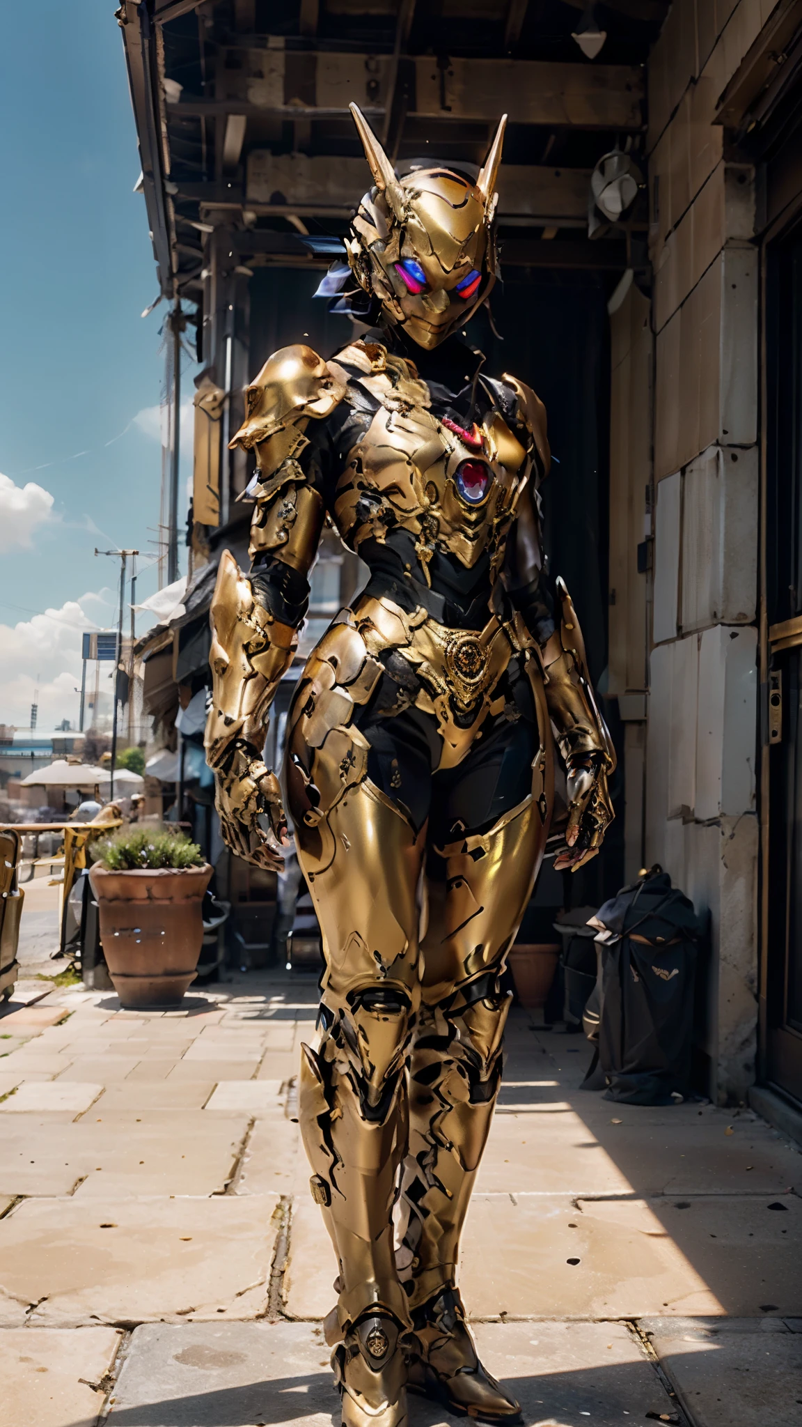 A woman adorned in fantasy-style full-body armor, a crown-concept fully enclosed helmet that unveils only her eyes, a composite layered chest plate, fully encompassing shoulder and hand guards, a lightweight waist armor, form-fitting shin guards, the overall design is heavy-duty yet flexible, ((the armor gleams with a golden glow, complemented by red and blue accents)), exhibiting a noble aura, she floats above a fantasy-surreal high-tech city, this character embodies a finely crafted fantasy-surreal style armored hero in anime style, exquisite and mature manga art style, (Queen bee mixed with Spider concept Armor), ((Eastern European, elegant, goddess, femminine:1.5)), metallic, high definition, best quality, highres, ultra-detailed, ultra-fine painting, extremely delicate, professional, anatomically correct, symmetrical face, extremely detailed eyes and face, high quality eyes, creativity, RAW photo, UHD, 32k, Natural light, cinematic lighting, masterpiece-anatomy-perfect, masterpiece:1.5