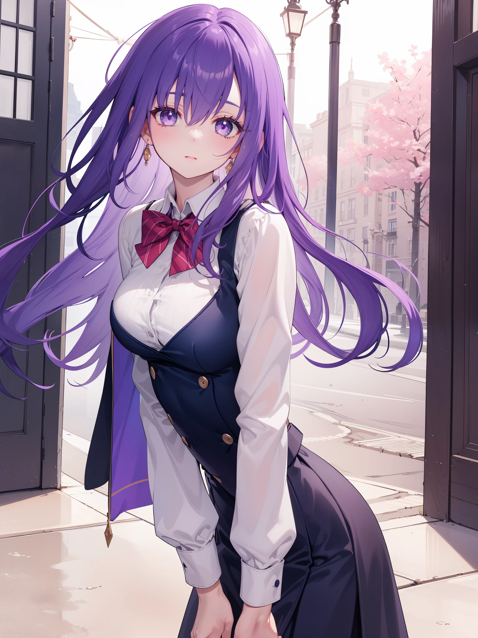 Parvati, Parvati, long hair, (purple eyes:1.1), purple hair,
rest shirt, long sleeves, skirt, bow, bowtie, red bow, red bowtie,
rest looking at viewer,Permanently installed, lean forward, Put your arms behind your back,
rest outdoors,
rest (masterpiece:1.2), best quality, high resolution, unified 8k wallpaper, (illustration:0.8), (Beautiful and delicate eyes:1.6), extremely detailed face, perfect lighting, Extremely detailed CG, (perfect hands, perfect anatomy),