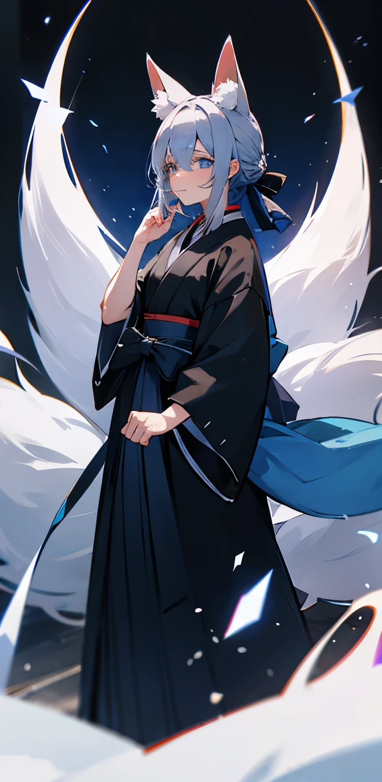 gray hair、blue eyes、Hakama、fox ears、fox tail、Blue aura