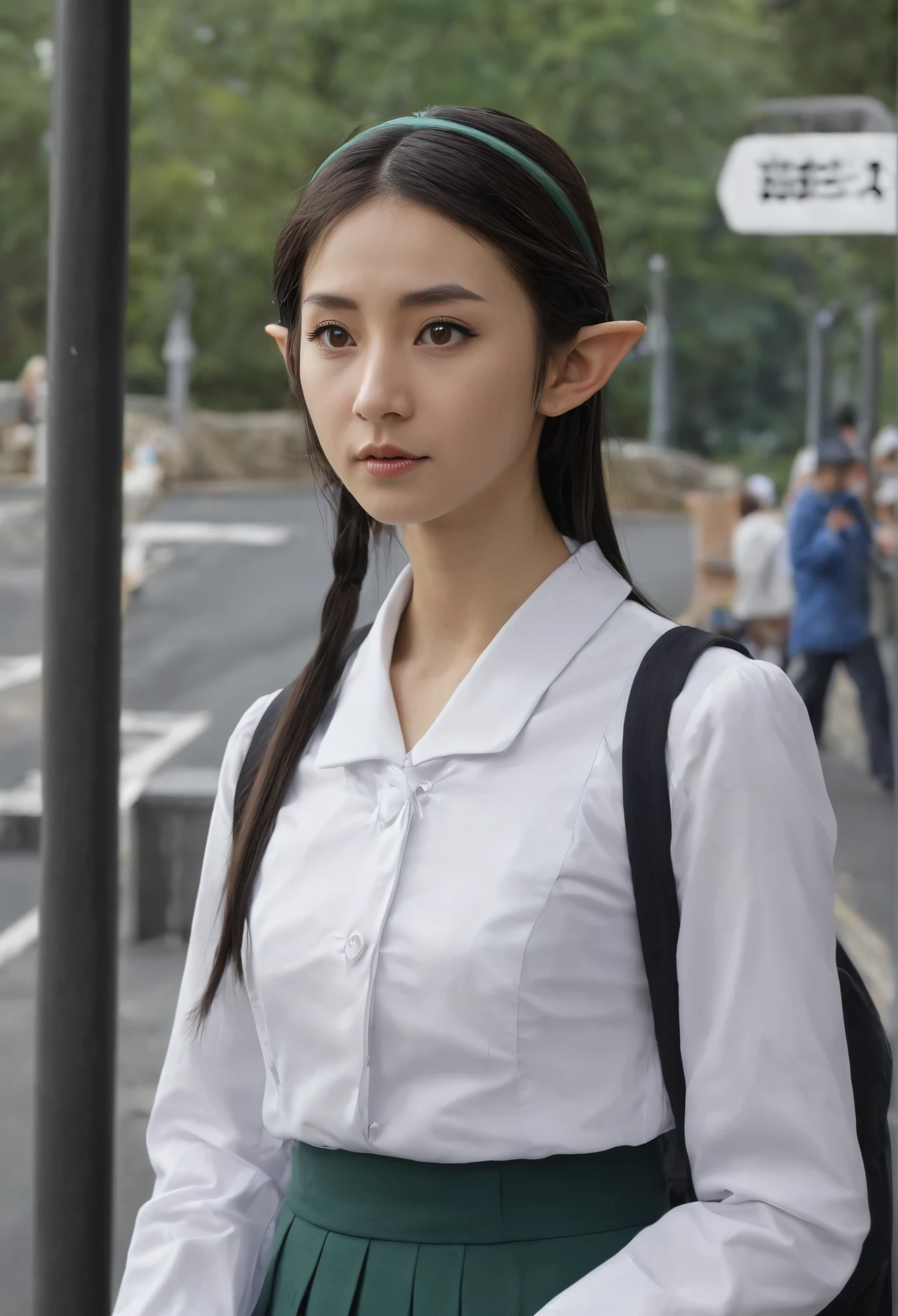Create an image of a realistic elf waiting at the bus stop. She is observing the movement around her, revealing details about her appearance, attire, and behavior. The elf interacts with other passengers, her peculiar presence standing out, demonstrating how she adapts to the urban environment while still retaining traces of her elven nature. Instead of traditional elven attire, she wears a Japanese school uniform, with a pleated skirt and blazer. Her pointed ears stand out, adding a touch of otherworldly charm to her appearance. Despite the modern attire, her ethereal presence and graceful behavior distinguish her from the bustling crowd, hinting at her elven heritage.