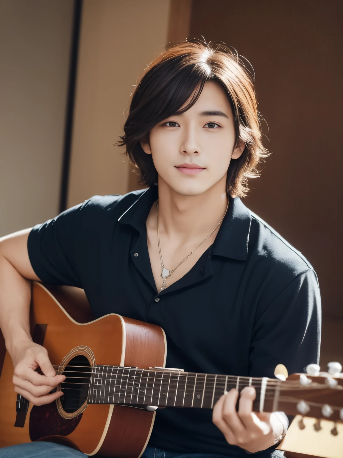 artist、Refreshing handsome man in his 20s、(Super cool S class boy)、Japanese male 30 years old、a handsome guy、(CG Unity 8K high resolution photo)、(very detailedSクラスのa handsome guy性)、(Photoreal)、(highest quality))、Super detailed、super high quality、expensive、viewer、kind person、very beautiful hair perm hair、bright pictures、handsome like a model、Handsome like an idol、looking at camera、no beard、playing the guitar
