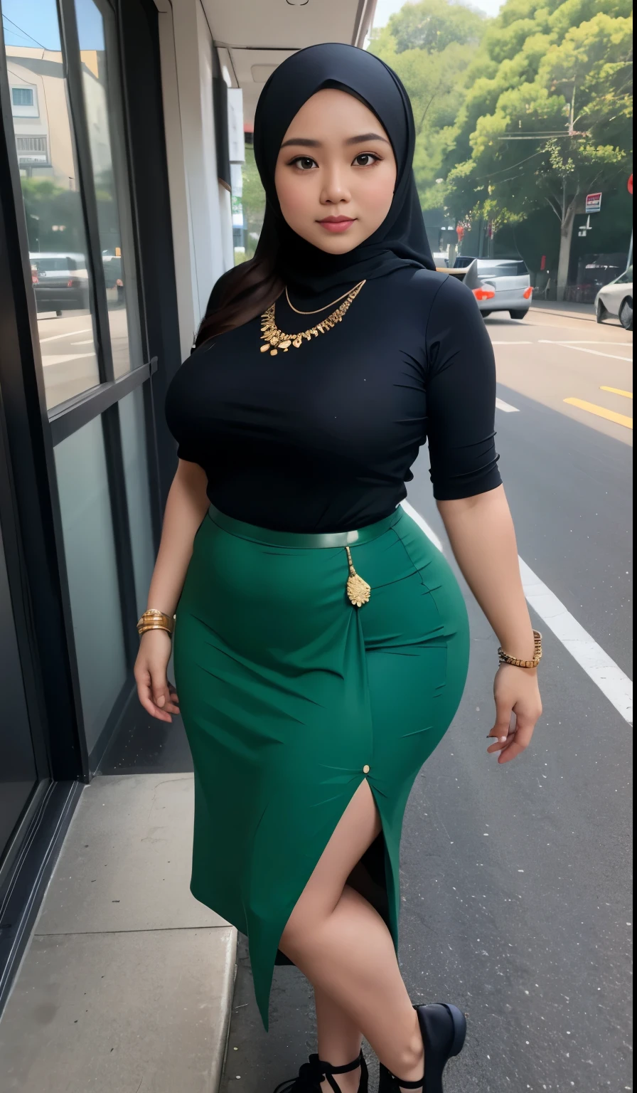 1 malay girl, modern plain hijab, shy, medium portrait, watery eyes, wearing dark green kebaya, ((big breasts)), black bokeh background, well-proportioned body,, chubby massive thighs, full body pose, wearing a necklace , wearing 10 bracelet , wearing a sneaker