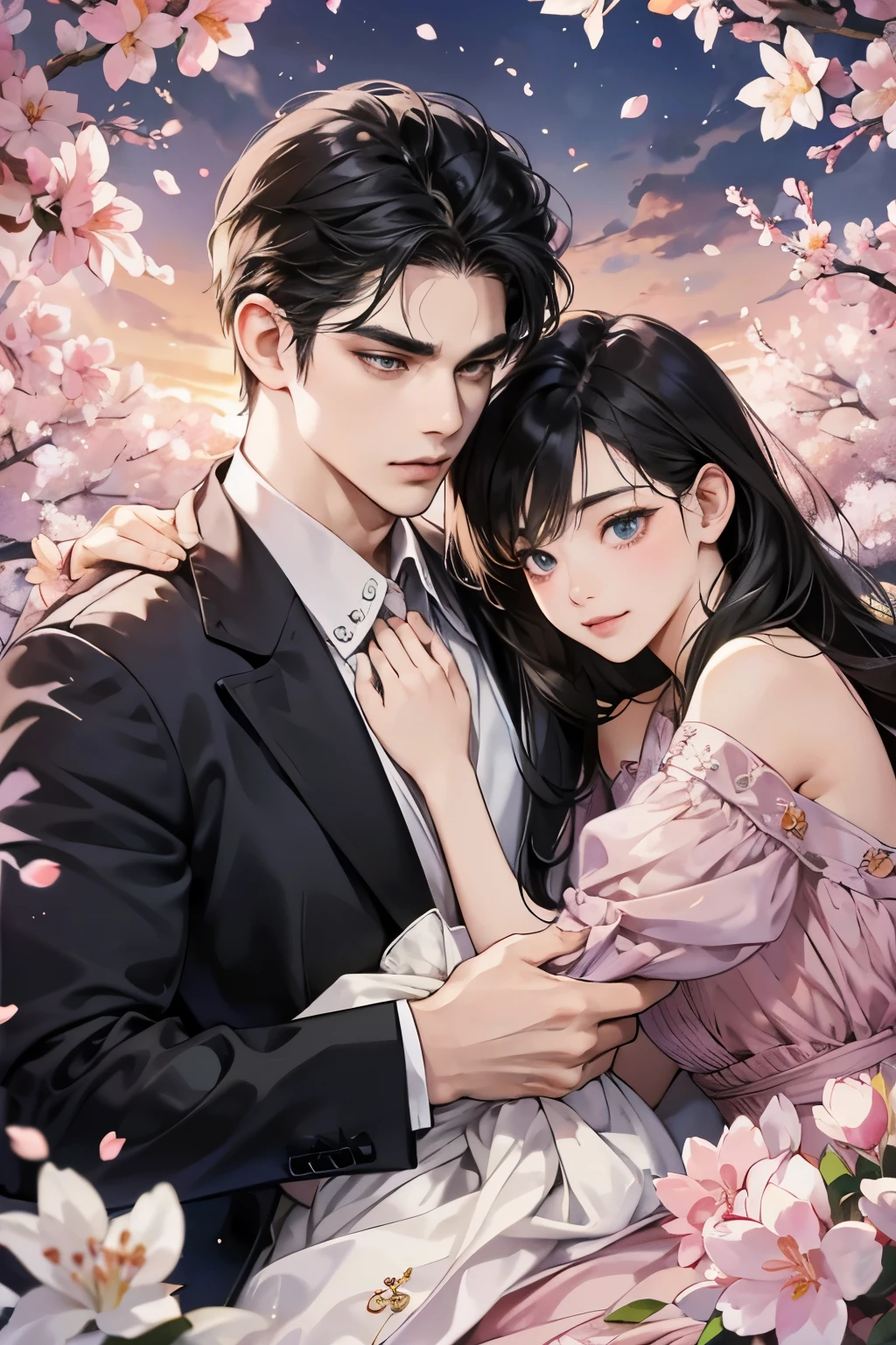 (table top, digital art, digital illustration, 4k, 8k, Super detailed, beautiful images, clear image, realistic, RAW photo, perfect face, perfect lines, perfect eyes, soft lighting) ,1 female, (long black hair,straight hair,bullish look,Beautiful woman,small breastake up well,23 years old,:1.3),Two handsome men in suits, (human,muscular,solid shoulder width, human,boyish hairstyle,English gentleman'Style,A man in his 30s with a cool expression,28 year old man with a bright 笑顔:1.2),Show your white teeth and 笑顔(embarrassing,shy smile:1.1),garden full of light、Squirting、resort sofa、colorful flowers、couple、coupleキス、romance porn、lie down、ハグし合うcouple、look at each other、cherry blossoms、Cherry-blossom viewing