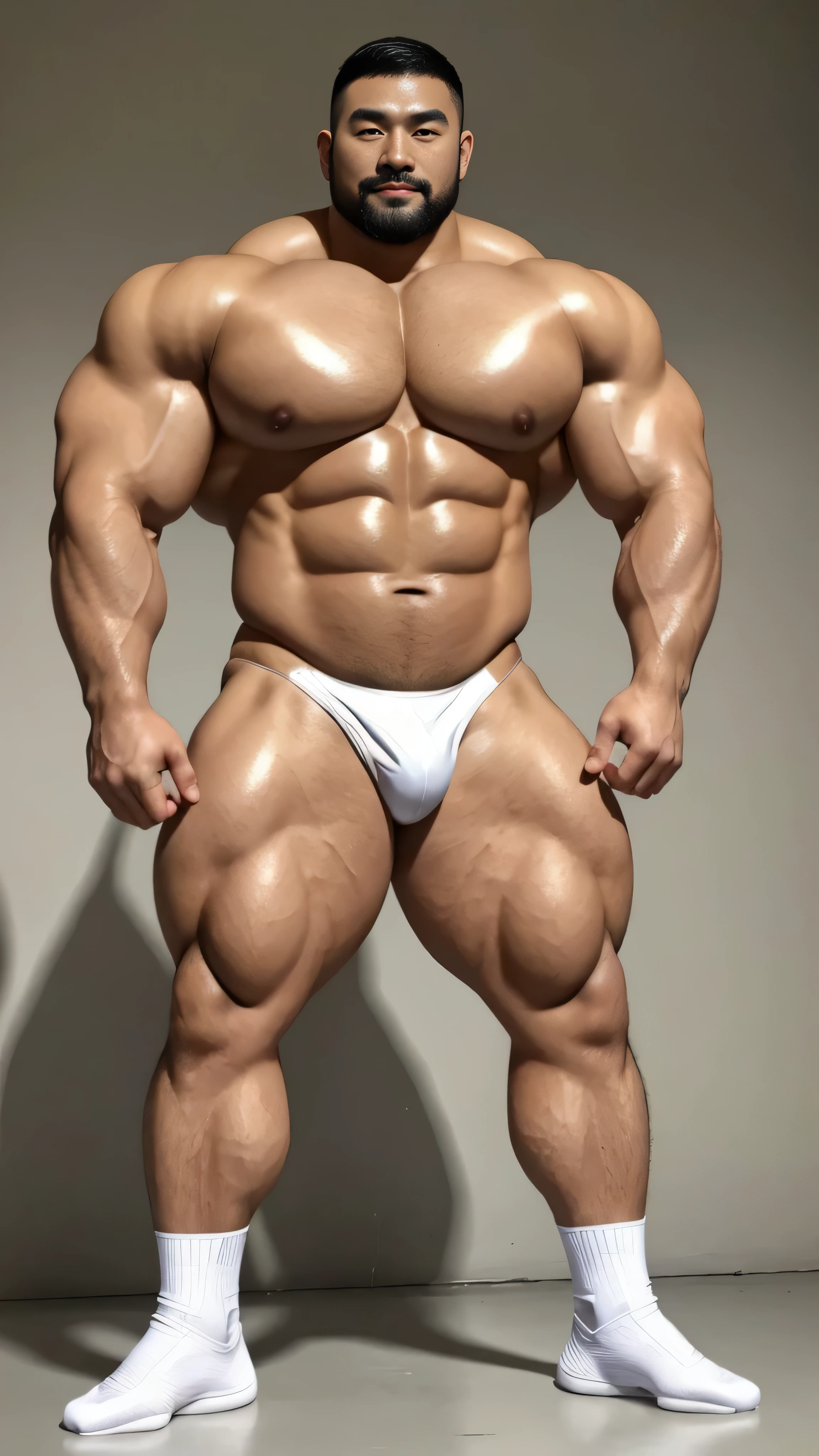 a chinese bodybuilder，30 years old，Tall and handsome, toned body，short hair, O-shaped beard，Perfect body, Dark and shiny complexion，Smooth skin，The body is hairless，Muscle bulge, muscular, Very big pecs，Very sexy abs，Leg muscles are very developed，Huge bumpy area，Brighten oily skin，Wearing a gold leather shiny thong，handsome face， Correct and accurate male body proportions, full-body shot, shiny muscular skin，wear white socks，standing in front of gray background board。
