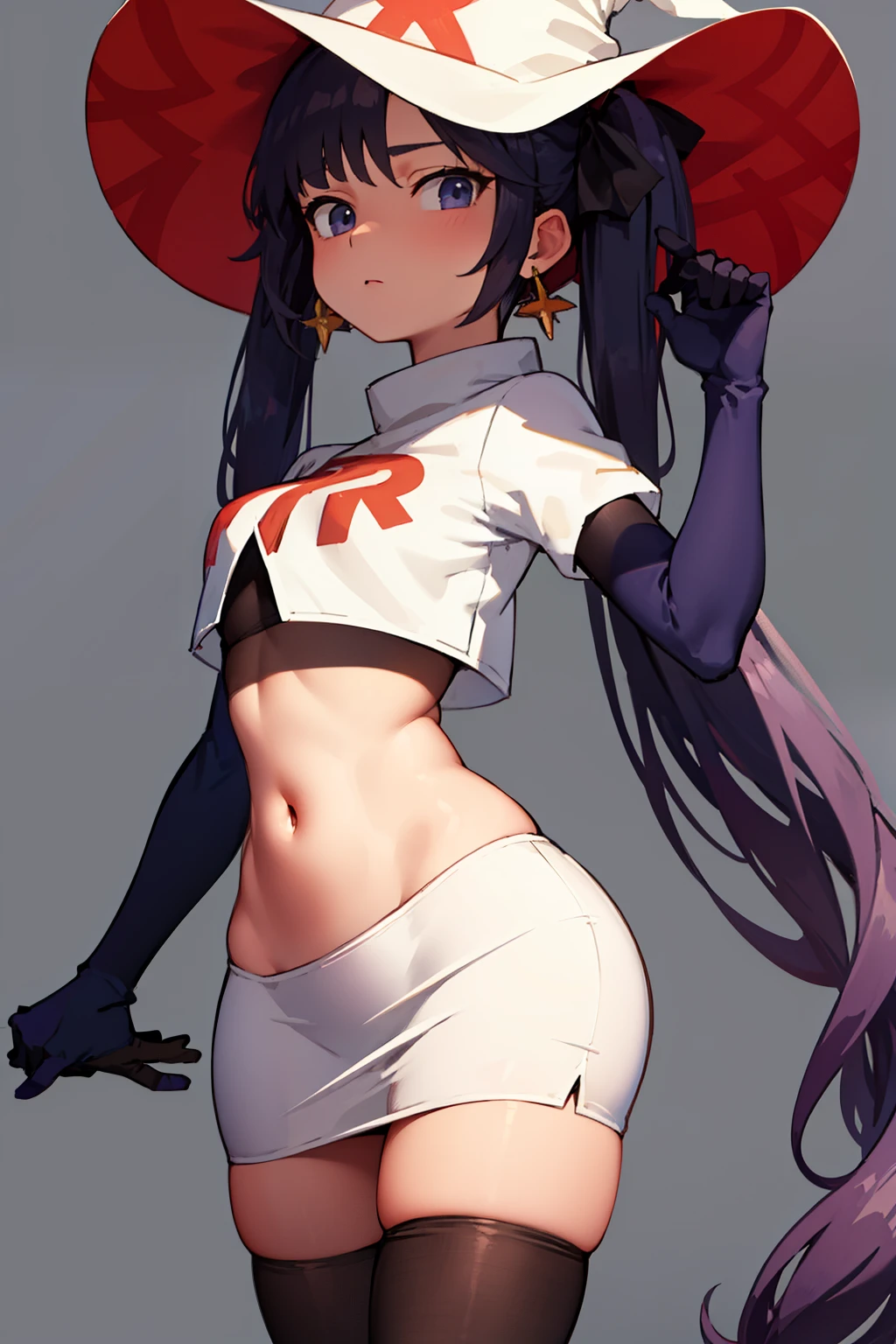 ((masterpiece,best quality)), team rocket,team rocket uniform, red letter R, white skirt,white crop top,black thigh-highs,black elbow gloves zettai ryouiki, aamona, long hair, twintails, hair ornament, black ribbon, earrings, witch hat, purple headwear, cowboy shot,