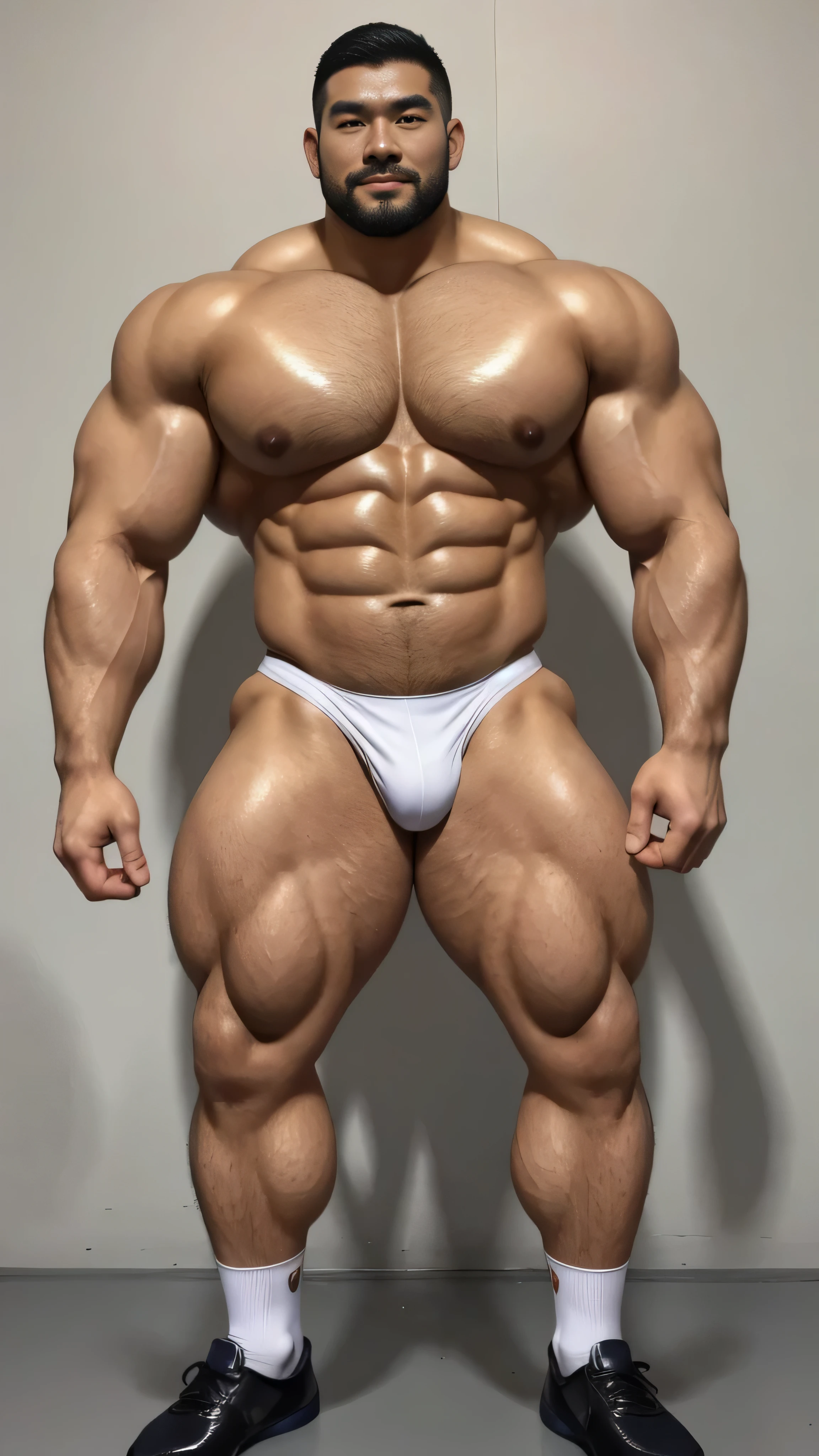 a chinese bodybuilder，30 years old，Tall and handsome, toned body，short hair, O-shaped beard，Perfect body, Dark and shiny complexion，Smooth skin，The body is hairless，Muscle bulge, muscular, Very big pecs，Very sexy abs，Leg muscles are very developed，Huge bumpy area，Brighten oily skin，Wearing a gold leather shiny thong，handsome face， Correct and accurate male body proportions, full-body shot, shiny muscular skin，wear white socks，standing in front of gray background board。
