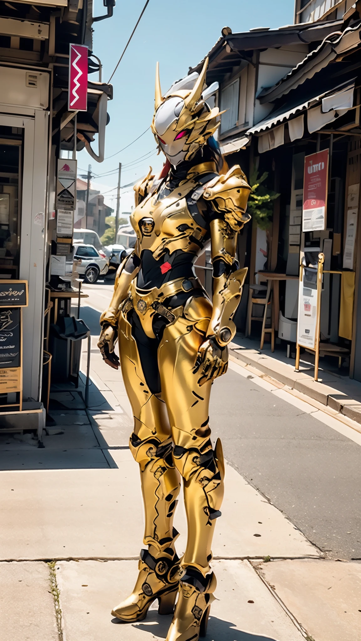 A woman adorned in fantasy-style full-body armor, a crown-concept fully enclosed helmet that unveils only her eyes, a composite layered chest plate, fully encompassing shoulder and hand guards, a lightweight waist armor, form-fitting shin guards, the overall design is heavy-duty yet flexible, ((the armor gleams with a golden glow, complemented by red and blue accents)), exhibiting a noble aura, she floats above a fantasy-surreal high-tech city, this character embodies a finely crafted fantasy-surreal style armored hero in anime style, exquisite and mature manga art style, (Queen bee mixed with Spider concept Armor), ((Eastern European, elegant, goddess, femminine:1.5)), metallic, high definition, best quality, highres, ultra-detailed, ultra-fine painting, extremely delicate, professional, anatomically correct, symmetrical face, extremely detailed eyes and face, high quality eyes, creativity, RAW photo, UHD, 32k, Natural light, cinematic lighting, masterpiece-anatomy-perfect, masterpiece:1.5