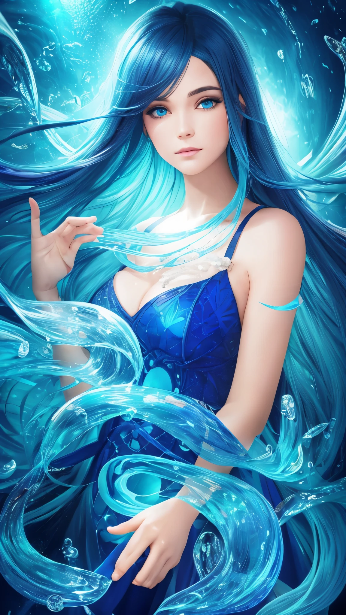 sea princess, seabed, high detailing, 8k photography, blue long hair that blends with the sea, blue hair, brown eyes, water blue dressstyle fish scales qmade of water, elegant, hyper beauty, hyper realistic hands, intricate, elegant, highly detailed, digital painting, concept art, cinematic maritime scenery, soft and sharp focus, illustration, blue and black geometric shadows, bright lights, symmetry, depth of field, water bubbles around, beautiful fish swimming