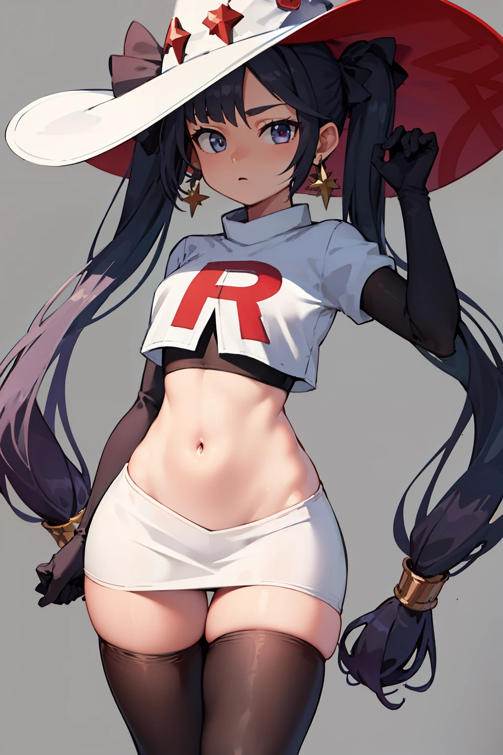 ((masterpiece,best quality)), team rocket,team rocket uniform, red letter R, white skirt,white crop top,black thigh-highs,black elbow gloves zettai ryouiki, aamona, long hair, twintails, hair ornament, black ribbon, earrings, witch hat, purple headwear, cowboy shot,