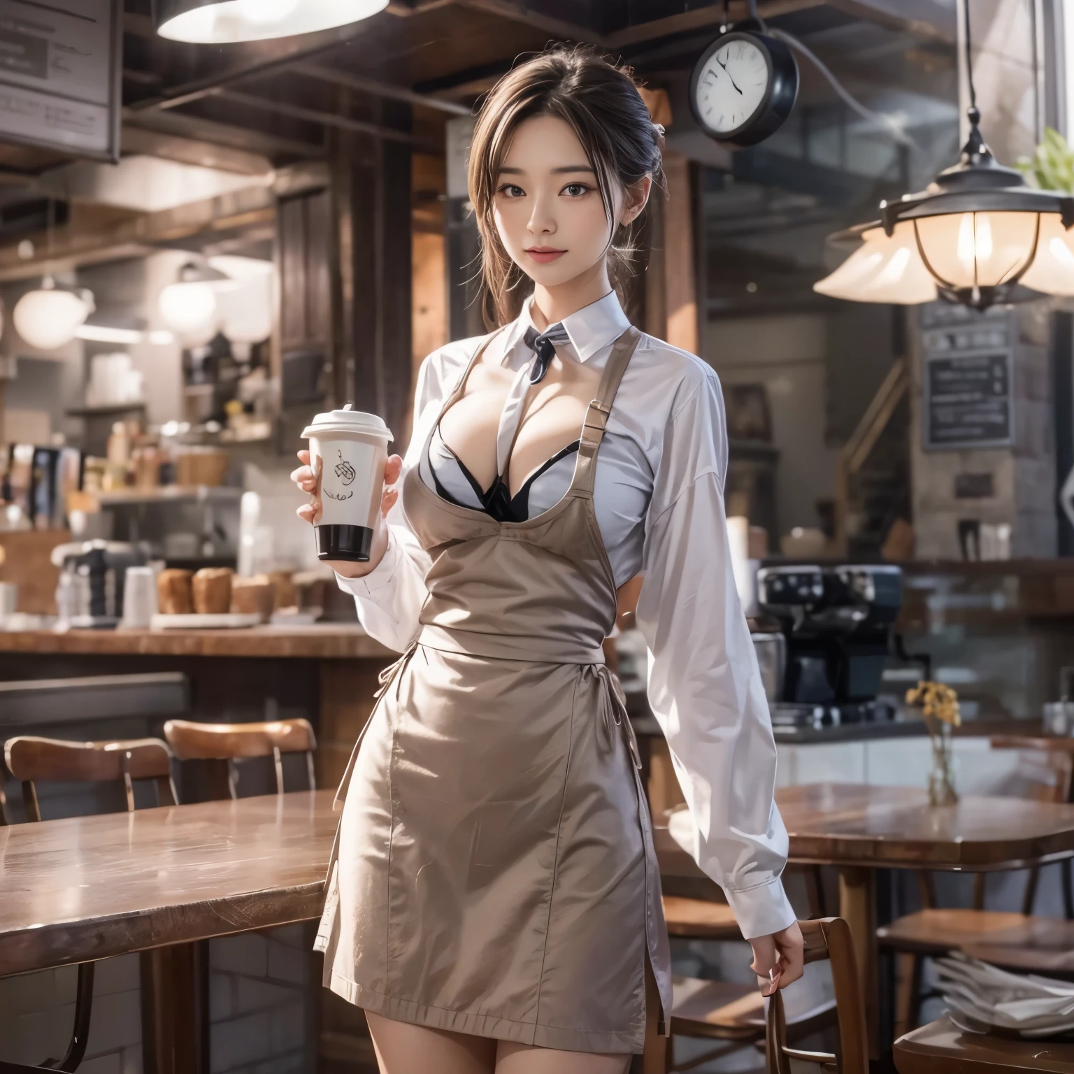 There is a woman standing in the kitchen with a cup of coffee, mysterious coffee shop girl, ( waitress ) girl, sakimichan, Work clothes, Wearing RR Diner uniform, Trending on cgstation, Business service, white waist apron and undershirt, at the coffee shop, business suit, korean girl, milk&Mocha style, sakimichan hdri