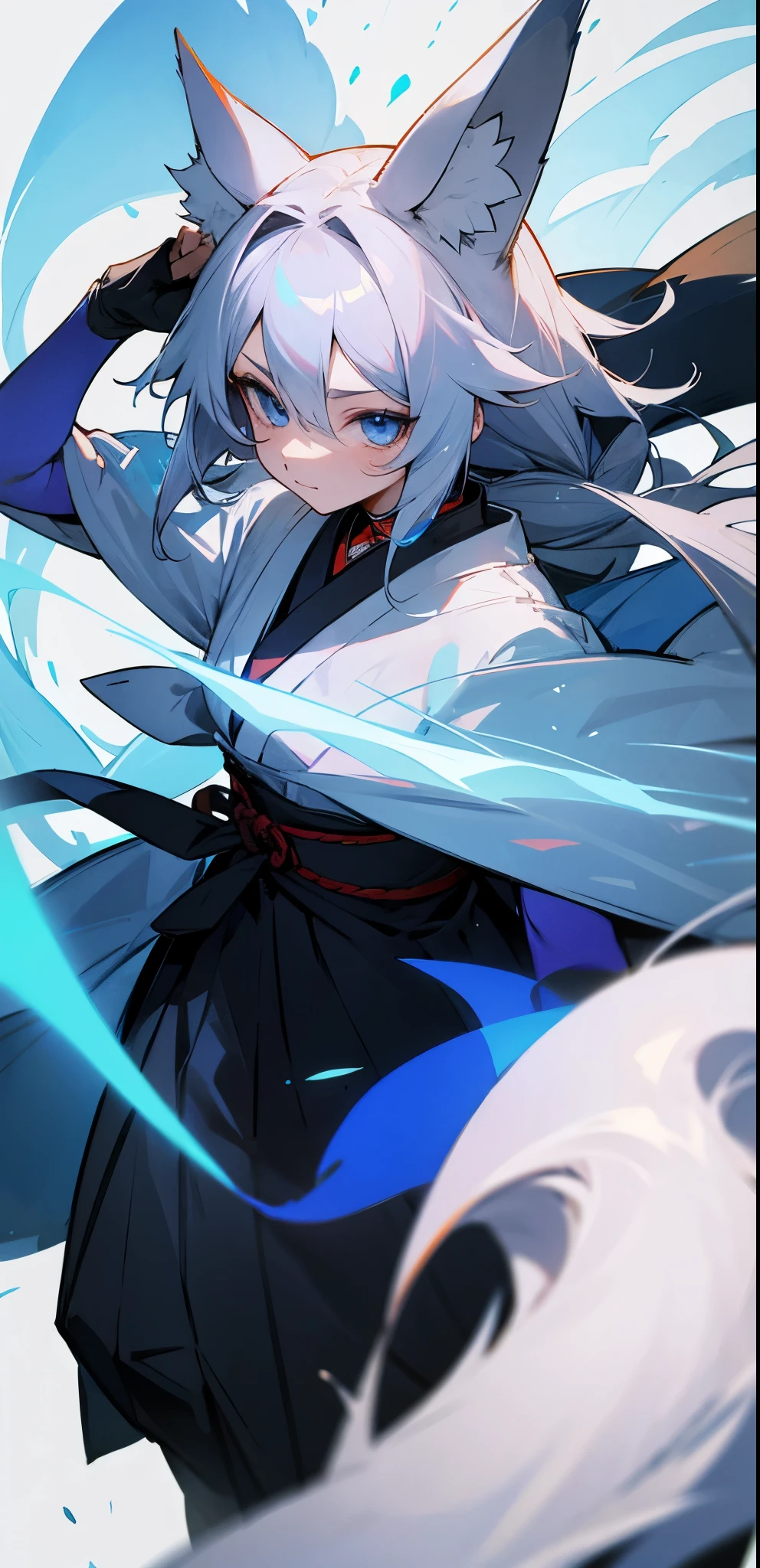 gray hair、blue eyes、Hakama、fox ears、fox tail、Blue aura