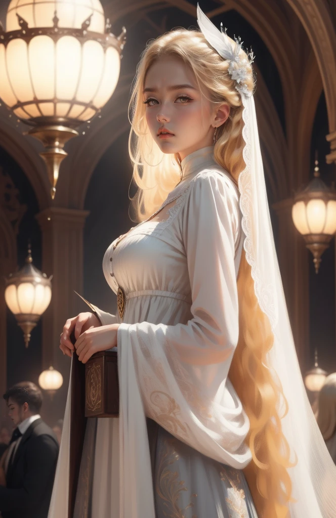 { - anatomy error}(Masterpiece - Ultra-detailed, very high resolution) Prepare to be enchanted by a true masterpiece that combines ultra-detailed art with high-resolution rendering. This work depicts a mesmerizing woman with very long blond hair (1.3) and captivating gray eyes (1.2), emanating an aura of elegance and mystery in Victorian settings. The intricate details and realistic textures invite you to explore every aspect of this enchanting composition. Woman wearing beautiful classic Victorian costume from the year 1878. Red lips. Happy face. Smiling. white (white) dress. backwards, looking back, upper body. dynamic poses. Get ready to dive into a world where beauty and craftsmanship merge perfectly.