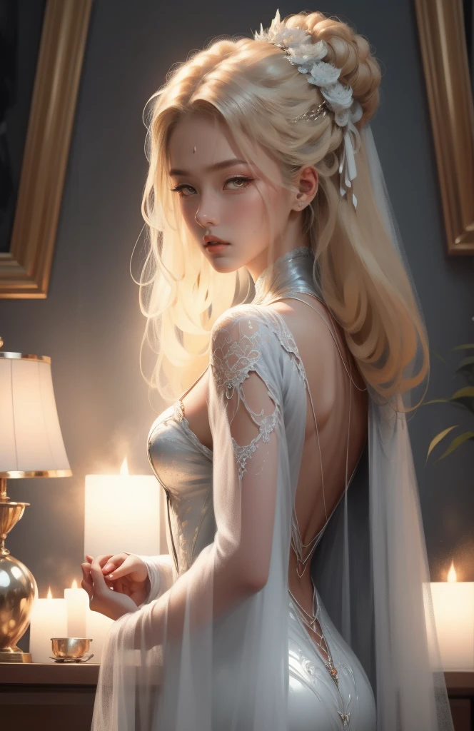 { - anatomy error}(Masterpiece - Ultra-detailed, very high resolution) Prepare to be enchanted by a true masterpiece that combines ultra-detailed art with high-resolution rendering. This work depicts a mesmerizing woman with very long blond hair (1.3) and captivating gray eyes (1.2), emanating an aura of elegance and mystery in Victorian settings. The intricate details and realistic textures invite you to explore every aspect of this enchanting composition. Woman wearing beautiful classic Victorian costume from the year 1878. Red lips. Happy face. Smiling. white (white) dress. segurando um livro, dynamic poses. Get ready to dive into a world where beauty and craftsmanship merge perfectly.