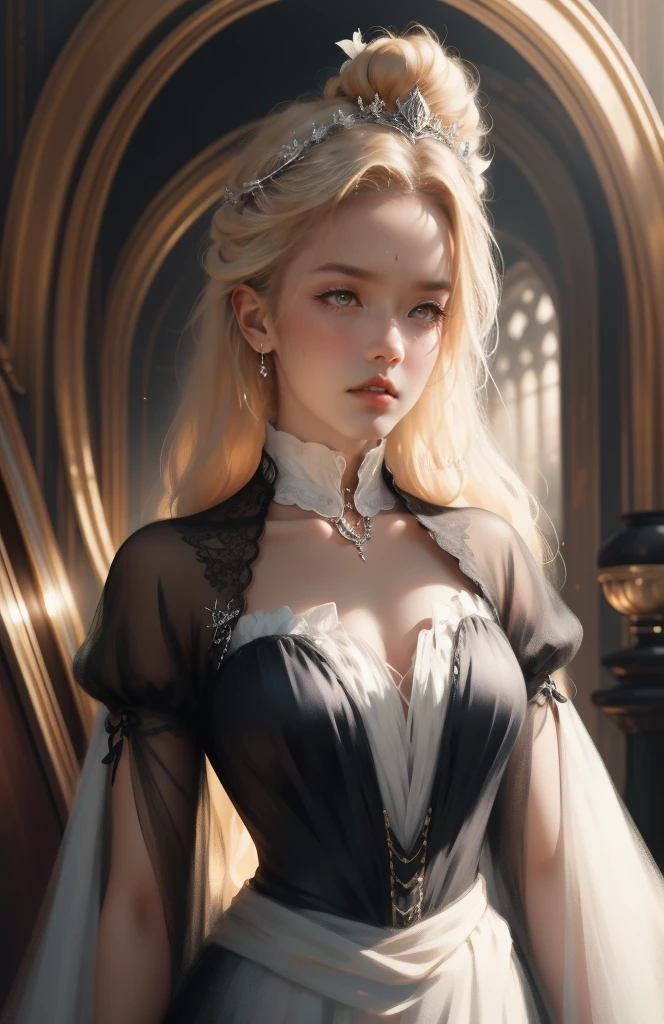 { - anatomy error}(Masterpiece - Ultra-detailed, very high resolution) Prepare to be enchanted by a true masterpiece that combines ultra-detailed art with high-resolution rendering. This work depicts a mesmerizing woman with very long blond hair (1.3) and captivating gray eyes (1.2), emanating an aura of elegance and mystery in Victorian settings. The intricate details and realistic textures invite you to explore every aspect of this enchanting composition. Woman wearing beautiful classic Victorian costume from the year 1878. Red lips. Happy face. Smiling. white (white) dress. backwards, looking back, upper body. dynamic poses. Get ready to dive into a world where beauty and craftsmanship merge perfectly.