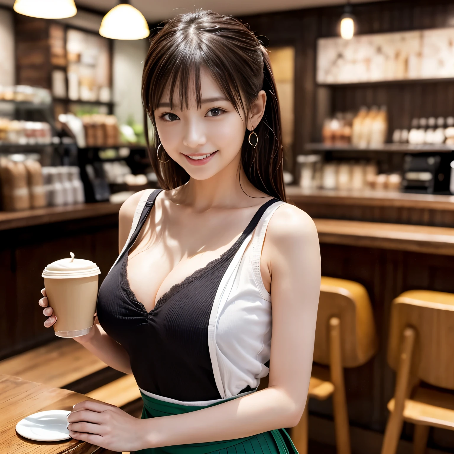 (realistic、Like a photograph、live action、8k, Photoreal, RAW photo, best image quality: 1.4), Single-lens reflex camera、RAW photo, highest quality, realistic, Highly detailed CG Unity 8k wallpaper, Depth of written boundary, cinematic light, Lens flare, ray tracing, realistic background、(wearing a dress shirt、(A woman bends forward and can see her bra through the gap in her shirt))、(Clerk's clothes、open chest shirt、(high waist jumper skirt)、cafe staff uniform:1.4、Cafe uniform、Wearing clothes that emphasize the size of your breasts:1.3、apron:1.5、big breasts、I can see the cleavage、(Coffee please.))、medium hair、Hair is up、working at a cafe:1.4、((super dense skin))、 1 female,Cute Japan Married Woman、waitress at work、I lean forward and put the coffee I brought on the table.、emphasize the chest、((whole body:1.5),looking at the viewer:1.1、upward glance、Business Smile、i like the style、pay attention to details、perfect costume、earrings、(white skin)、accurate portrait、accurate arm、accurate legs、beautiful legs、Precise thighs