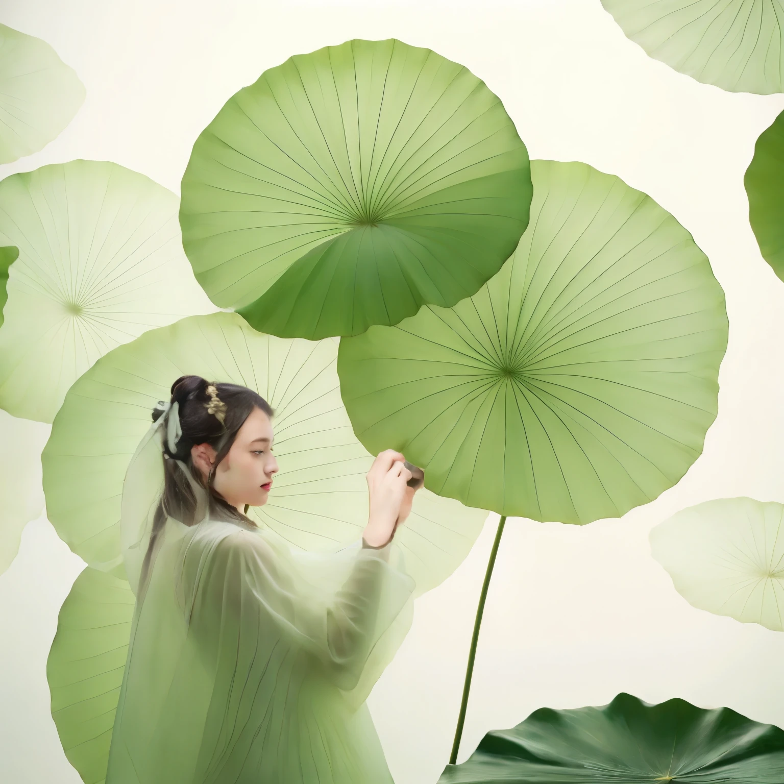 girl，standing，giant lotus leaf，black hair，dress，looking at the audience，
white dress，bun，standing，单bun，Leaves，long sleeves，red lips，Realistic