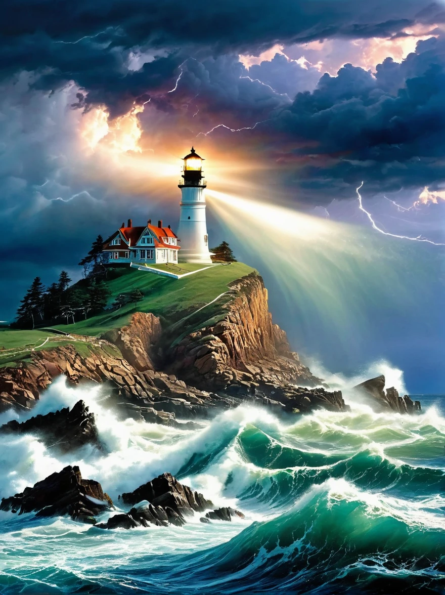 (close up:1.8)，violent storms, (( lighthouse:1.8)), (isolated island)，chaotic darkness, angry cloud, lightning, rolling foam waves, hit hard, jagged rocks, steady light, unwavering beam, ((A beacon of hope and guidance in the storm:1.8))，magical atmosphere，Thrilling and tense scenes，Surreal and ethereal colors，otherworldly environment，Hazy and mysterious atmosphere，Amazing natural wonders，Grandeur and sense of scale