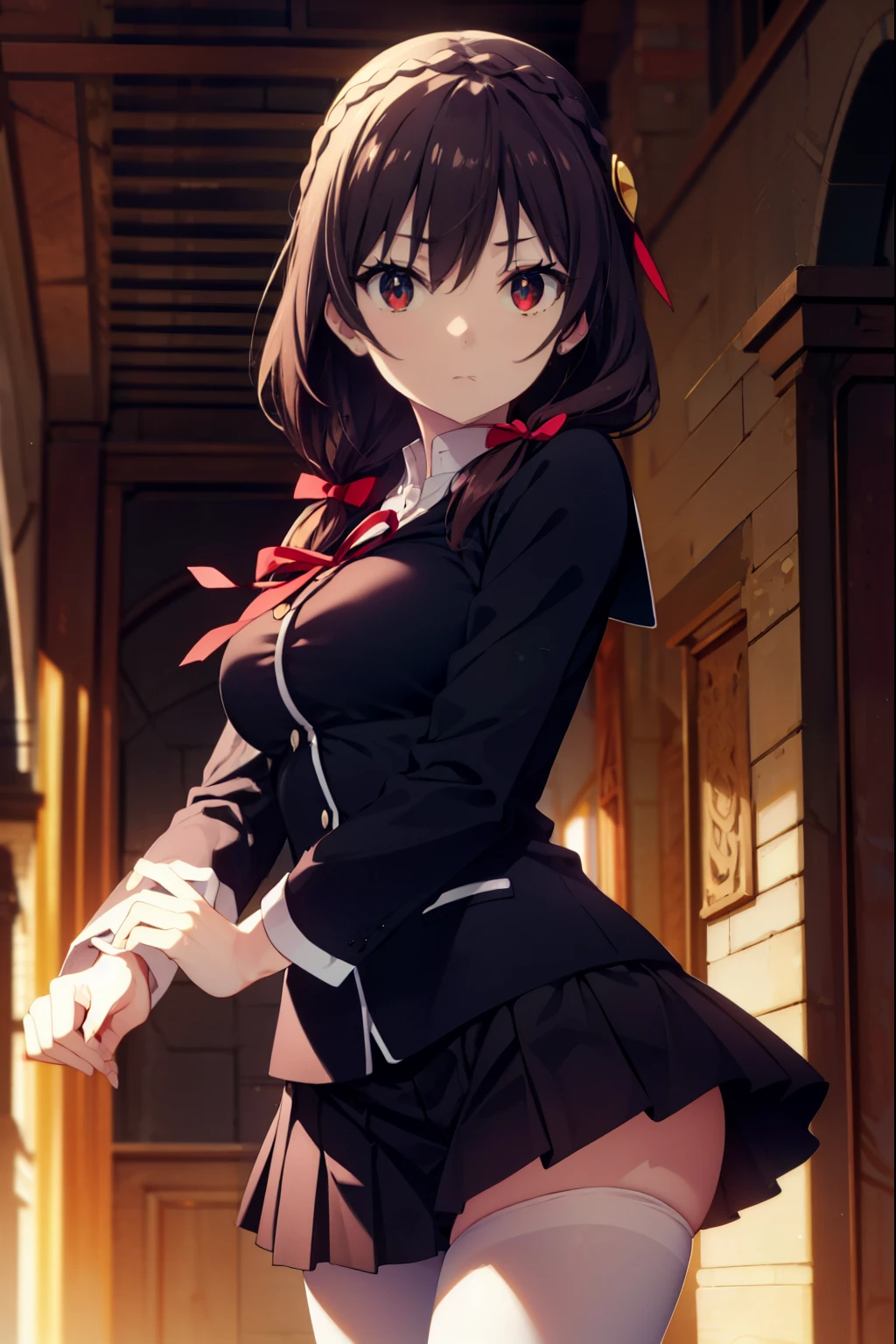 konosubaitch, itch, long hair, brown hair, hair ornaments, (red eyes:1.3), bow, ribbon, twin tails, Braid, hair bow,black sailor suit,black pleated skirt,Gray pantyhose,brown loafers,教科書を両手で持ちながら歩いてる
break indoor, School　corridor,
break looking at viewer, (cowboy shot:1.5),
break (masterpiece:1.2), highest quality, High resolution, unity 8k wallpaper, (figure:0.8), (detailed and beautiful eyes:1.6), highly detailed face, perfect lighting, Very detailed CG, (perfect hands, perfect anatomy),