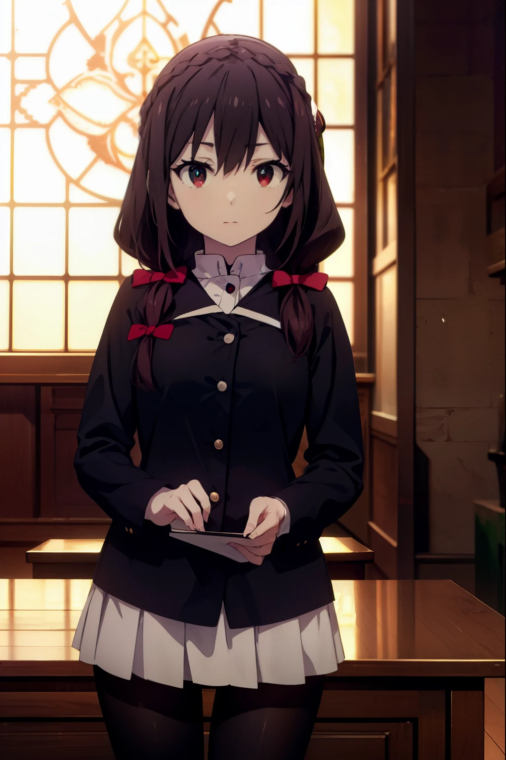 konosubaitch, itch, long hair, brown hair, hair ornaments, (red eyes:1.3), bow, ribbon, twin tails, Braid, hair bow,black sailor suit,black pleated skirt,Gray pantyhose,brown loafers,教科書を両手で持ちながら歩いてる
break indoor, School　corridor,
break looking at viewer, (cowboy shot:1.5),
break (masterpiece:1.2), highest quality, High resolution, unity 8k wallpaper, (figure:0.8), (detailed and beautiful eyes:1.6), highly detailed face, perfect lighting, Very detailed CG, (perfect hands, perfect anatomy),