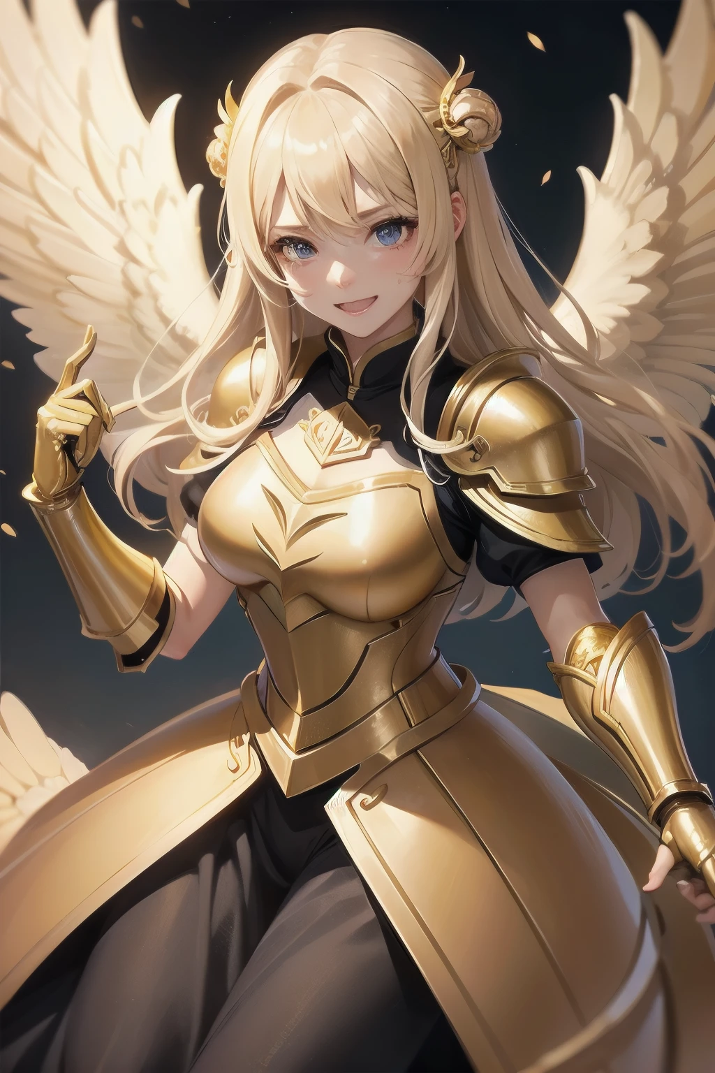 highest quality、cinematic lighting、blonde、skyline、Gold braces、gold armor、full of sweat、ecstatic expression、Angel&#39;s wing、