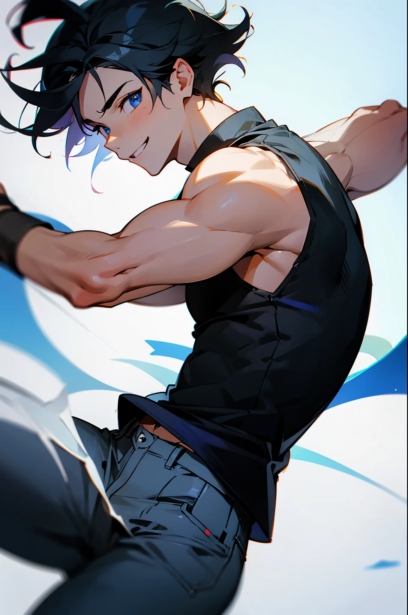 one male, young boy, blue eyes, black hair, black sleeveless shirt, blue pants, smiling, 