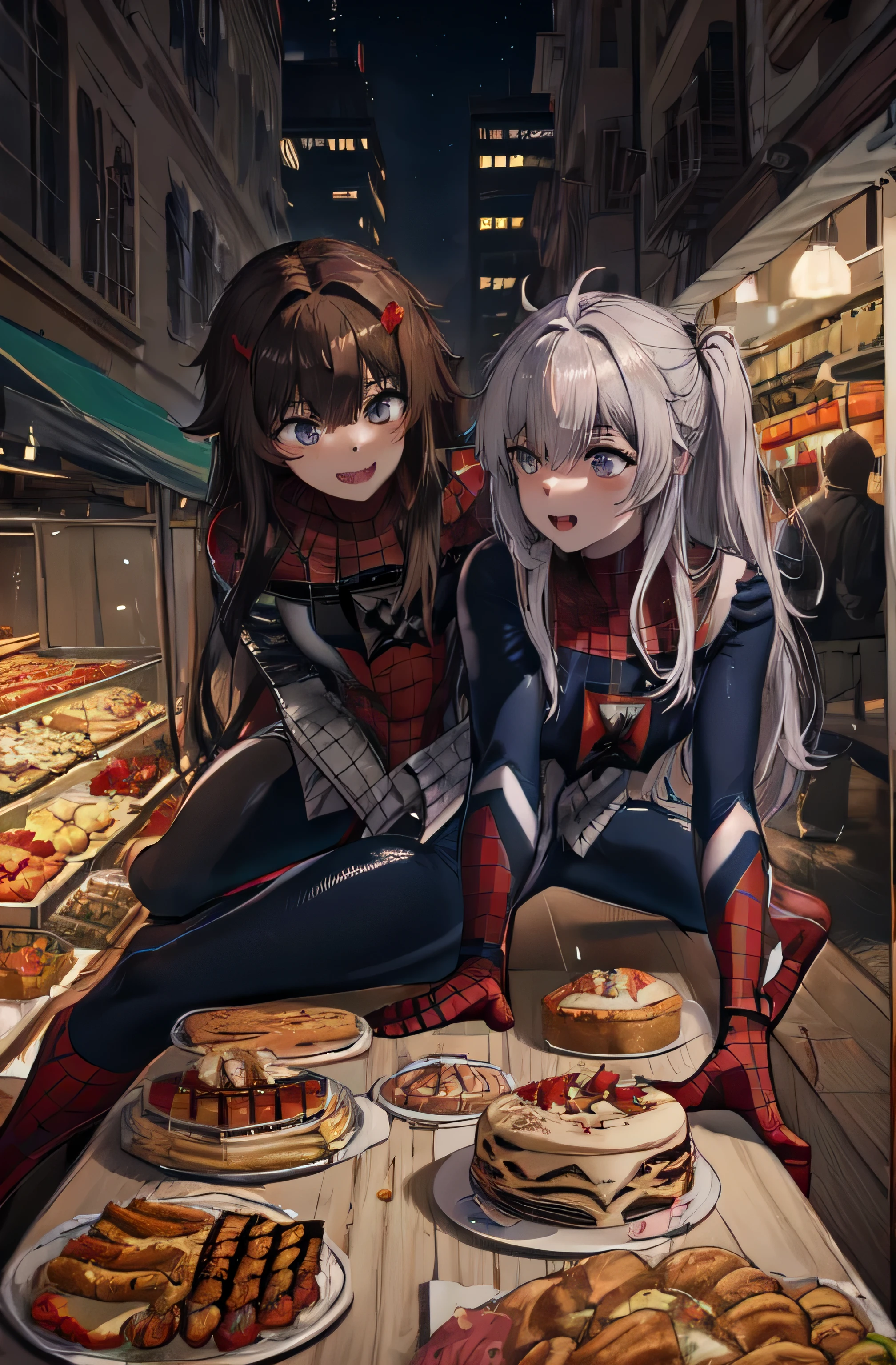 Spiderman and Spiderwomen eating cake in a market climbing and throwing webs between buildings