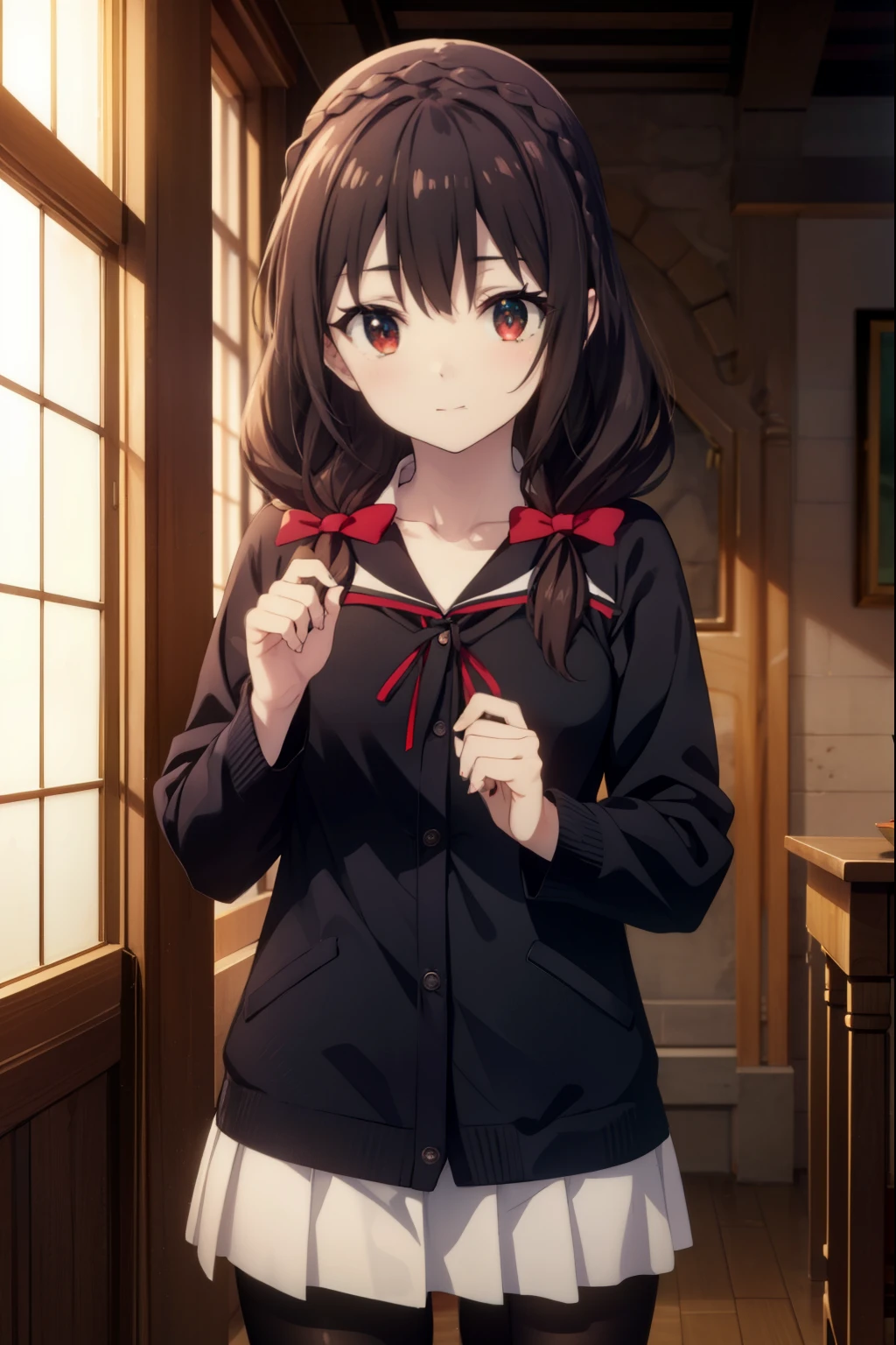 konosubaitch, itch, long hair, brown hair, hair ornaments, (red eyes:1.3), bow, ribbon, twin tails, Braid, hair bow,smile,blush,black sailor suit,black pleated skirt,Gray pantyhose,brown loafers,教科書を両手で持ちながら歩いてる
break indoor, School　corridor,
break looking at viewer, (cowboy shot:1.5),
break (masterpiece:1.2), highest quality, High resolution, unity 8k wallpaper, (figure:0.8), (detailed and beautiful eyes:1.6), highly detailed face, perfect lighting, Very detailed CG, (perfect hands, perfect anatomy),