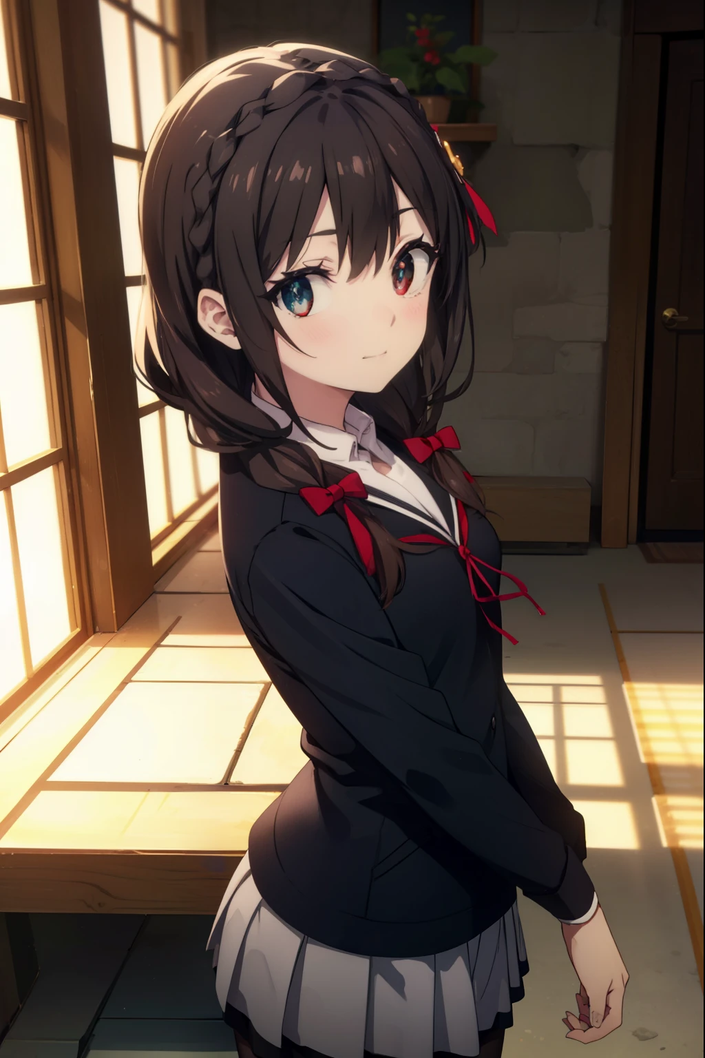 konosubaitch, itch, long hair, brown hair, hair ornaments, (red eyes:1.3), bow, ribbon, twin tails, Braid, hair bow,smile,blush,black sailor suit,black pleated skirt,Gray pantyhose,brown loafers,教科書を両手で持ちながら歩いてる
break indoor, School　corridor,
break looking at viewer, (cowboy shot:1.5),
break (masterpiece:1.2), highest quality, High resolution, unity 8k wallpaper, (figure:0.8), (detailed and beautiful eyes:1.6), highly detailed face, perfect lighting, Very detailed CG, (perfect hands, perfect anatomy),