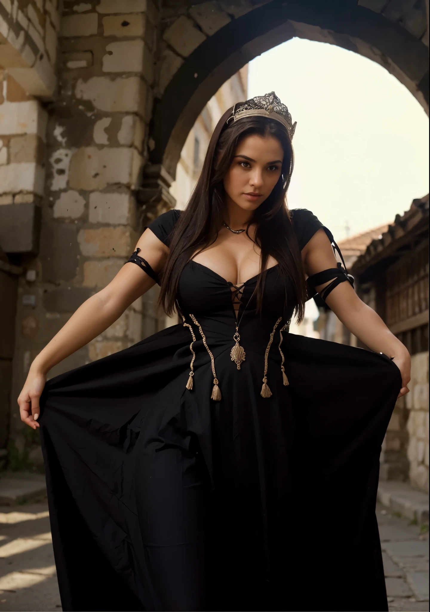 Uma mulher extremamente realista, vestindo um vestido longo, vestido preto, cabelo preto, fundo medieval, sexy, bunda grande, pernas grossas, fitness 