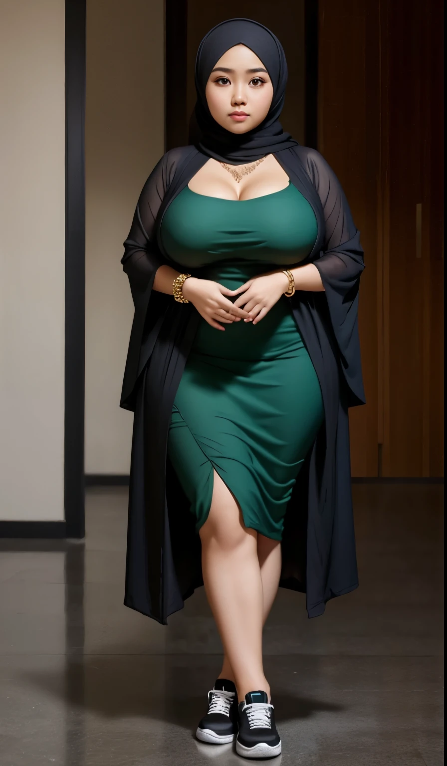 1 malay girl, modern plain hijab, shy, medium portrait, watery eyes, wearing dark green kebaya, ((big breasts)), black bokeh background, well-proportioned body,, chubby massive thighs, full body pose, wearing a necklace , wearing 10 bracelet , wearing a sneaker 