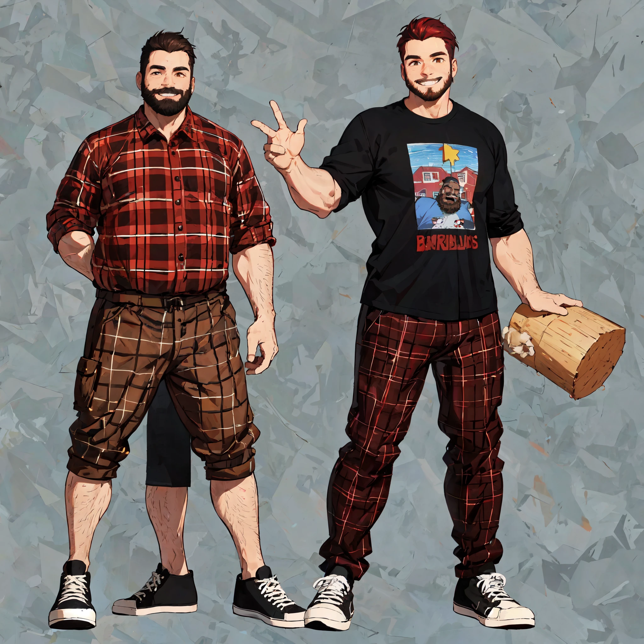 Homem de 1,80 cabelos e barba preto, half fat without belly with happy smile red lumberjack style plaid shirt and brown pants black ALL star sneakers. Full body image is with arms open as if receiving a visitor.
