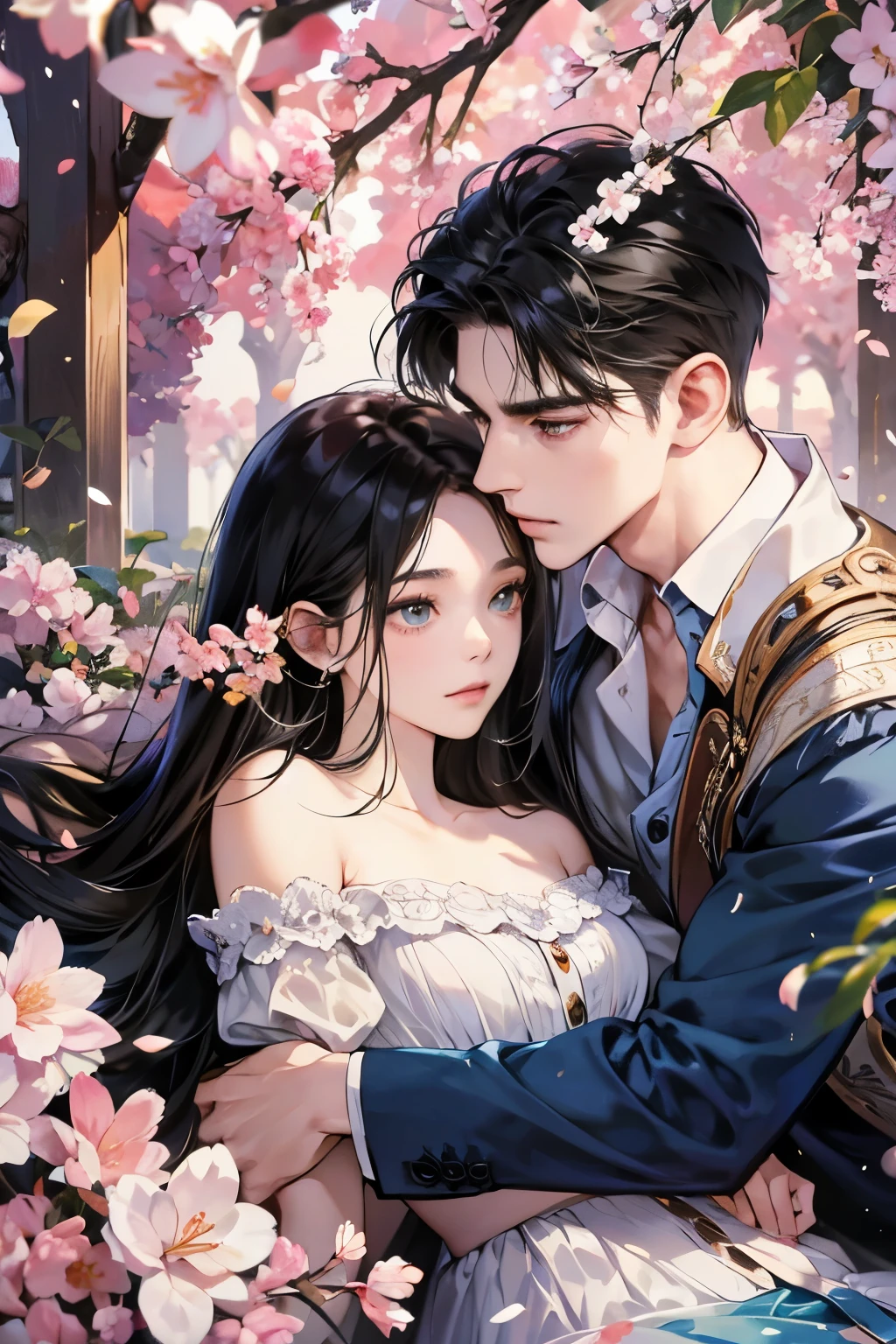 (table top, digital art, digital illustration, 4k, 8k, Super detailed, beautiful images, clear image, realistic, RAW photo, perfect face, perfect lines, perfect eyes, soft lighting) ,1 female, (long black hair,straight hair,bullish look,Beautiful woman,small breastake up well,23 years old,:1.3),Two handsome men in suits, (human,muscular,solid shoulder width, human,boyish hairstyle,English gentleman'Style,A man in his 30s with a cool expression,28 year old man with a bright 笑顔:1.2),Show your white teeth and 笑顔(embarrassing,shy smile:1.1),garden full of light、Squirting、resort sofa、colorful flowers、couple、coupleキス、romance porn、lie down、ハグし合うcouple、look at each other、cherry blossoms、Cherry-blossom viewing