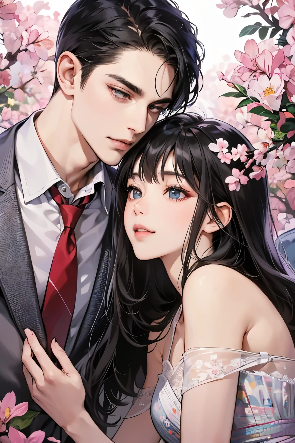(table top, digital art, digital illustration, 4k, 8k, Super detailed, beautiful images, clear image, realistic, RAW photo, perfect face, perfect lines, perfect eyes, soft lighting) ,1 female, (long black hair,straight hair,bullish look,Beautiful woman,small breastake up well,23 years old,:1.3),Two handsome men in suits, (human,muscular,solid shoulder width, human,boyish hairstyle,English gentleman'Style,A man in his 30s with a cool expression,28 year old man with a bright 笑顔:1.2),Show your white teeth and 笑顔(embarrassing,shy smile:1.1),garden full of light、Squirting、resort sofa、colorful flowers、couple、coupleキス、romance porn、lie down、ハグし合うcouple、look at each other、cherry blossoms、Cherry-blossom viewing
