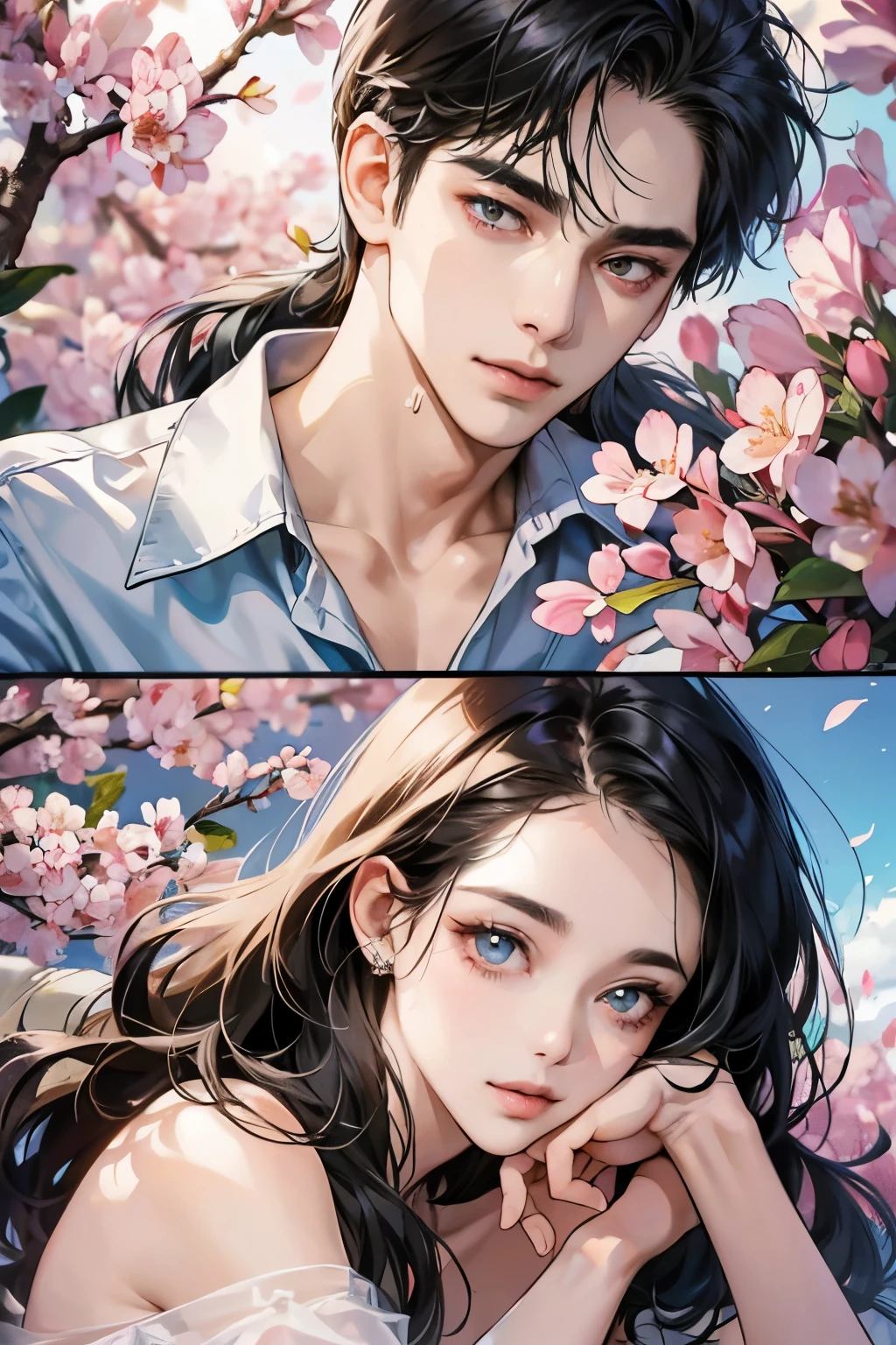 (table top, digital art, digital illustration, 4k, 8k, Super detailed, beautiful images, clear image, realistic, RAW photo, perfect face, perfect lines, perfect eyes, soft lighting) ,1 female, (long black hair,straight hair,bullish look,Beautiful woman,small breastake up well,23 years old,:1.3),Two handsome men in suits, (human,muscular,solid shoulder width, human,boyish hairstyle,English gentleman&#39;Style,A man in his 30s with a cool expression,28 year old man with a bright 笑顔:1.2),Show your white teeth and 笑顔(embarrassing,shy smile:1.1),garden full of light、Squirting、resort sofa、colorful flowers、couple、coupleキス、romance porn、lie down、ハグし合うcouple、look at each other、cherry blossoms、Cherry-blossom viewing