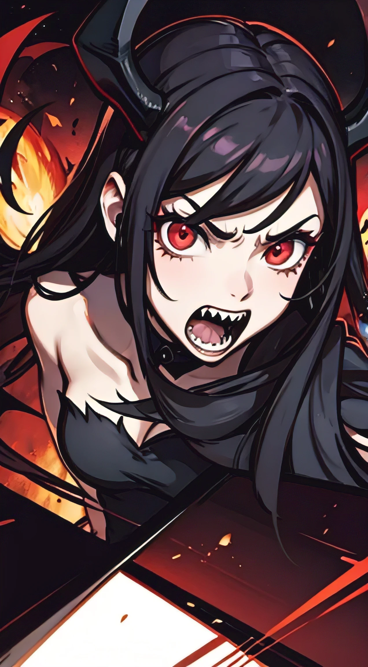 beautiful demon woman with long black hair, sharp teeth, furious, battle, glowing red eyes, bat wings on back, ram horns, angry, fight, fireball, hazbin hotel