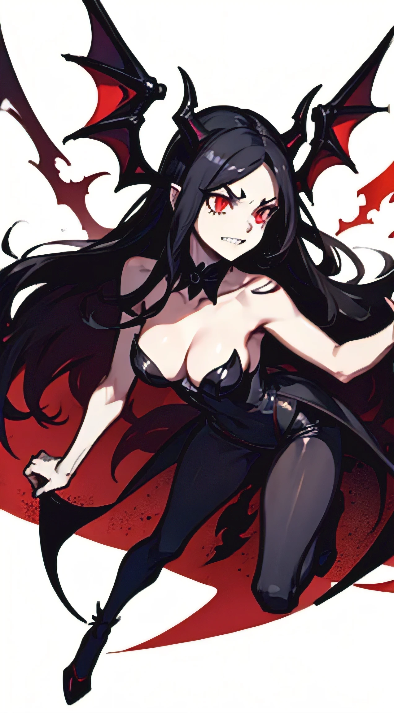 beautiful demon woman with long black hair, sharp teeth, furious, battle, glowing red eyes, bat wings on back, ram horns, angry, fight, fireball, hazbin hotel