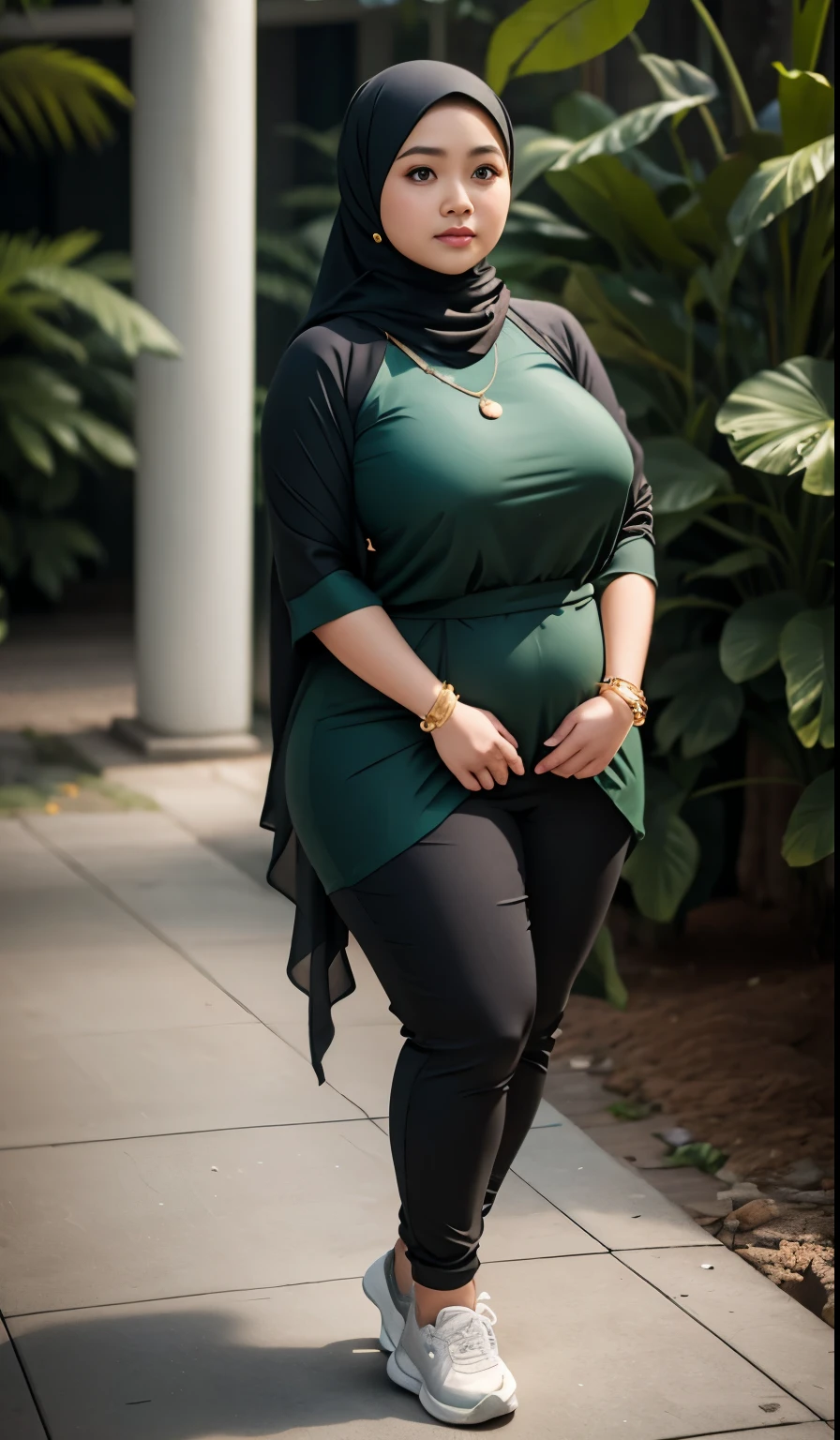 1 malay girl, modern plain hijab, shy, medium portrait, watery eyes, wearing dark green kebaya, ((big breasts)), black bokeh background, well-proportioned body,, chubby massive thighs, full body pose, wearing a necklace , wearing 10 bracelet , wearing a sneaker