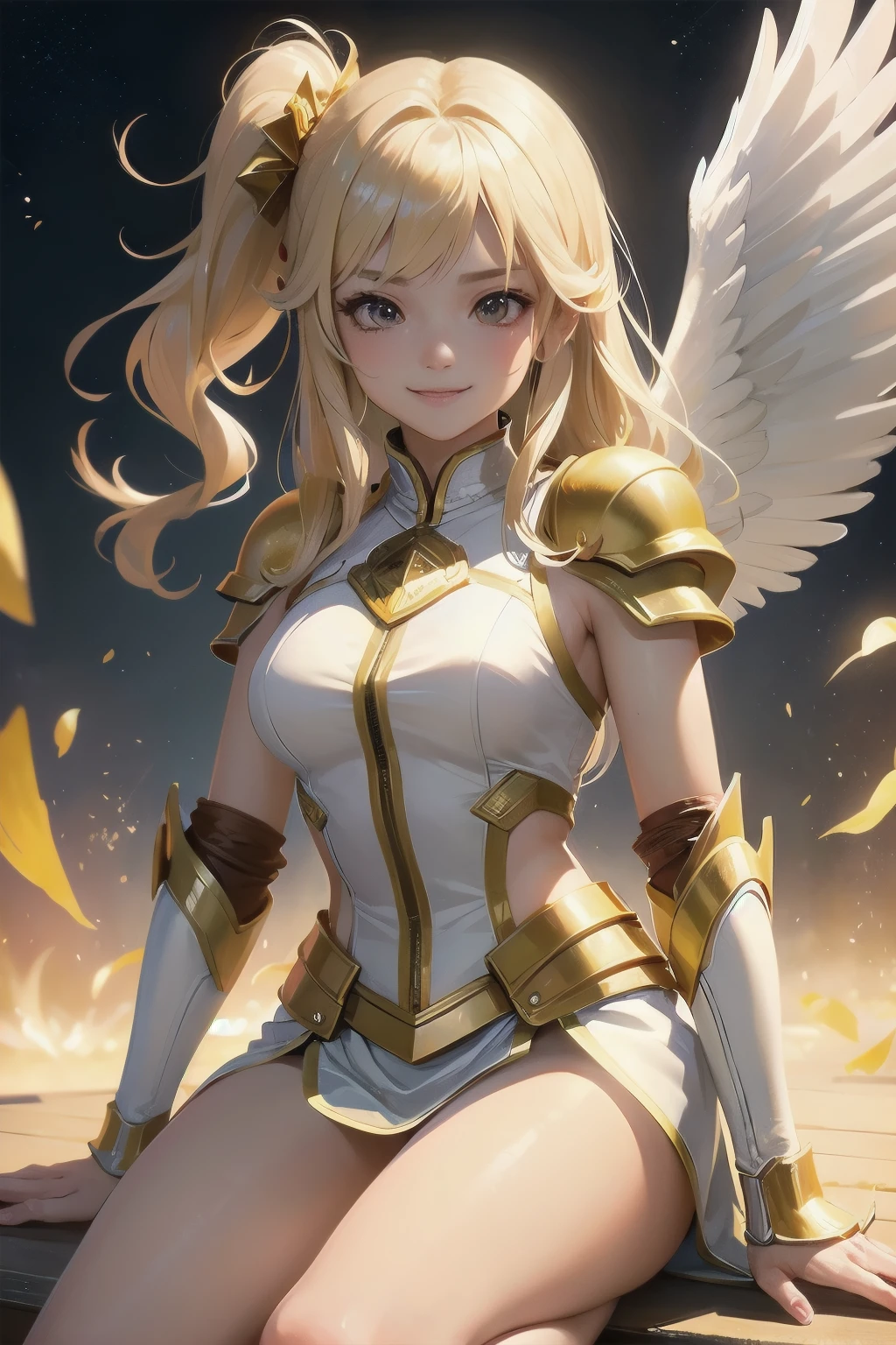 highest quality、cinematic lighting、blonde、skyline、Gold braces、gold armor、full of sweat、smile、Angel&#39;s wing、mini skirt、white panties、battlefield、above the sky、angel wings、