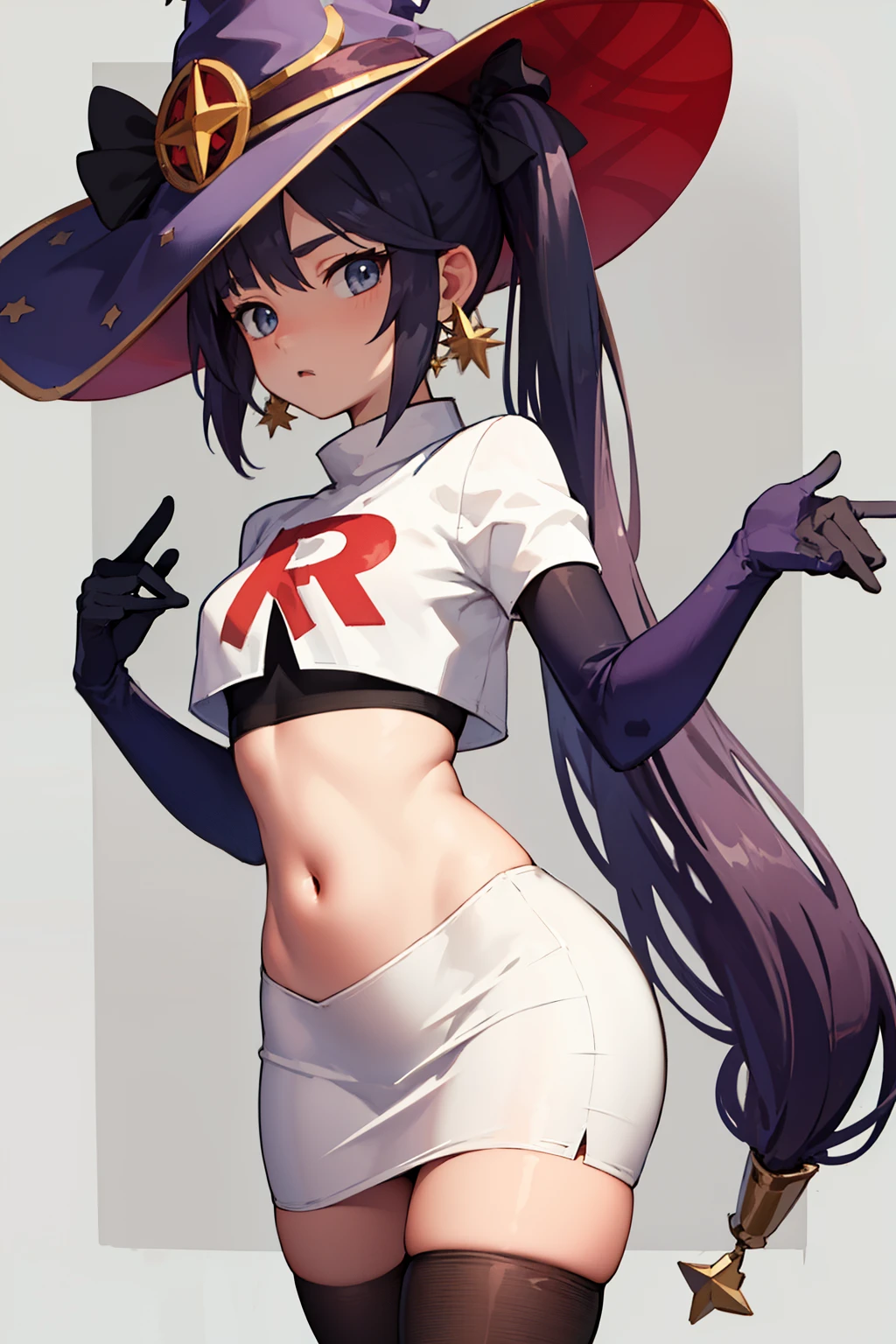 ((masterpiece,best quality)), team rocket,team rocket uniform, red letter R, white skirt,white crop top,black thigh-highs,black elbow gloves zettai ryouiki, aamona, long hair, twintails, hair ornament, black ribbon, earrings, witch hat, purple headwear, cowboy shot,