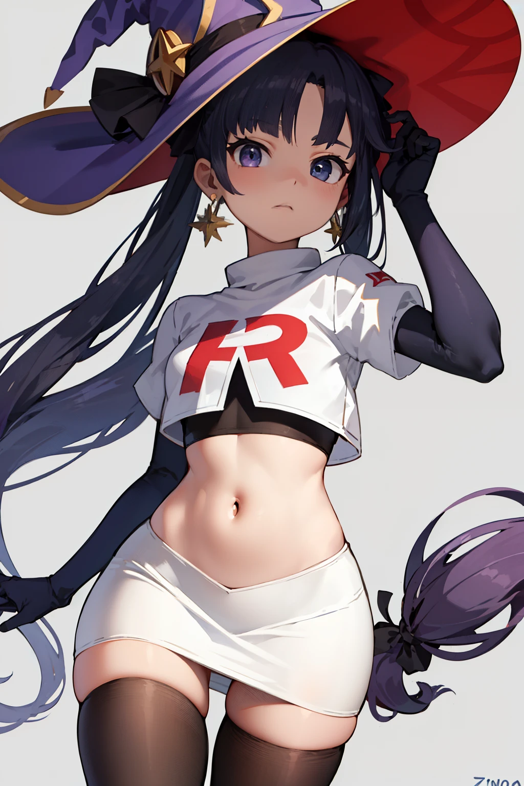 ((masterpiece,best quality)), team rocket,team rocket uniform, red letter R, white skirt,white crop top,black thigh-highs,black elbow gloves zettai ryouiki, aamona, long hair, twintails, hair ornament, black ribbon, earrings, witch hat, purple headwear, cowboy shot,