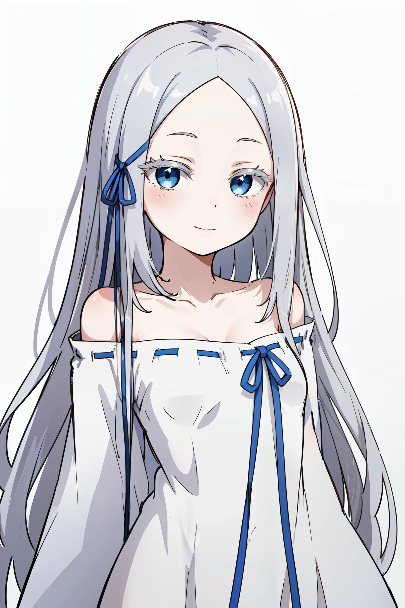 (masterpiece, best quality, ultra high quality, by quan, by mappa, sketch:1.1), ((portrait)), 1girl, solo, pandora, blue eyes, long hair, grey hair, white hair, forehead, blush, bangs, small breasts, parted bangs, barefoot, neutral, innexpressive, small smile, thighs, ((pddf)), dress, dress ribbon, hair ribbon, white dress, loose dress, blue ribbon, bare shoulders, (arms behind back), upper body, standing,, isometric lightning, white background, simple background