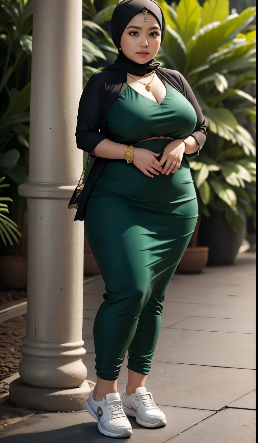 1 malay girl, modern plain hijab, shy, medium portrait, watery eyes, wearing dark green kebaya, ((big breasts)), black bokeh background, well-proportioned body,, chubby massive thighs, full body pose, wearing a necklace , wearing 10 bracelet , wearing a sneaker 