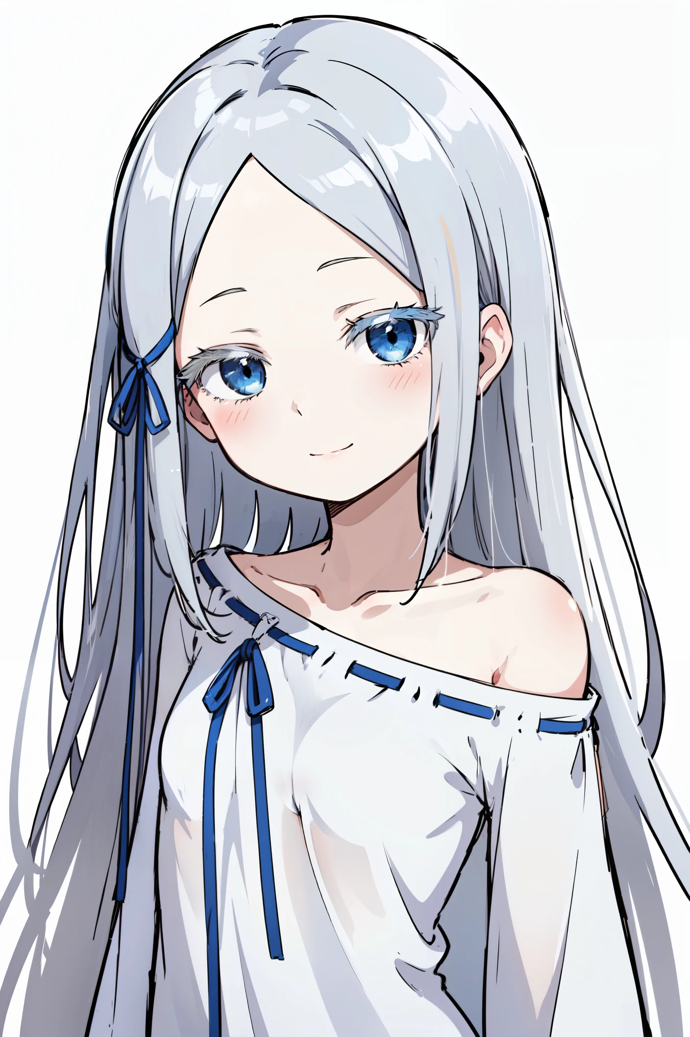 (masterpiece, best quality, ultra high quality, by quan, by mappa, sketch:1.1), ((portrait)), 1girl, solo, pandora, blue eyes, long hair, grey hair, white hair, forehead, blush, bangs, small breasts, parted bangs, barefoot, neutral, innexpressive, small smile, thighs, ((pddf)), dress, dress ribbon, hair ribbon, white dress, loose dress, blue ribbon, bare shoulders, (arms behind back), upper body, standing,, isometric lightning, white background, simple background