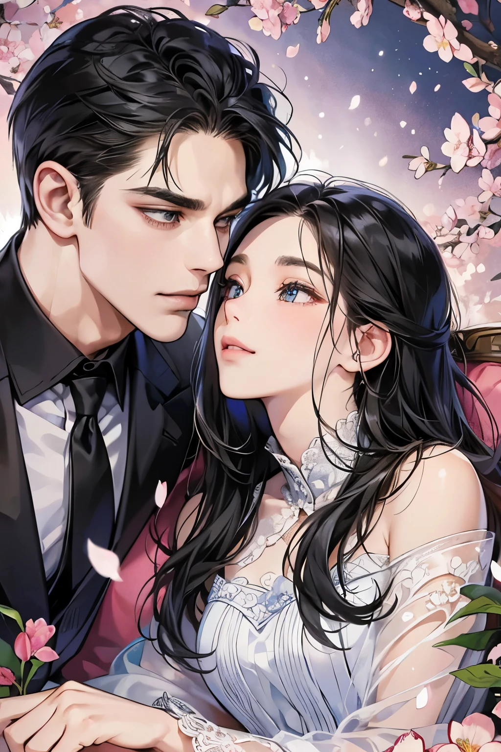 (table top, digital art, digital illustration, 4k, 8k, Super detailed, beautiful images, clear image, realistic, RAW photo, perfect face, perfect lines, perfect eyes, soft lighting) ,1 female, (long black hair,straight hair,bullish look,Beautiful woman,small breastake up well,23 years old,:1.3),Two handsome men in suits, (human,muscular,solid shoulder width, human,boyish hairstyle,English gentleman'Style,A man in his 30s with a cool expression,28 year old man with a bright 笑顔:1.2),Show your white teeth and 笑顔(embarrassing,shy smile:1.1),garden full of light、Squirting、resort sofa、colorful flowers、couple、coupleキス、romance porn、lie down、ハグし合うcouple、look at each other、cherry blossoms、Cherry-blossom viewing