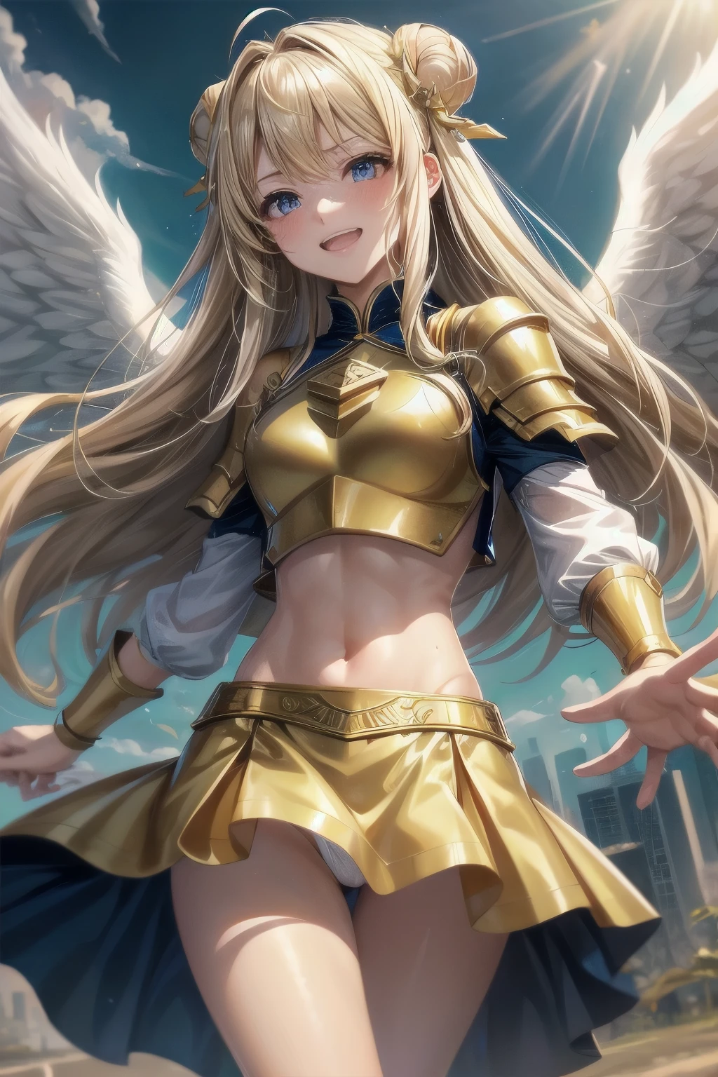 highest quality、cinematic lighting、blonde、skyline、Gold braces、gold armor、full of sweat、ecstatic expression、Angel&#39;s wing、mini skirt、white panties、battlefield、above the sky、