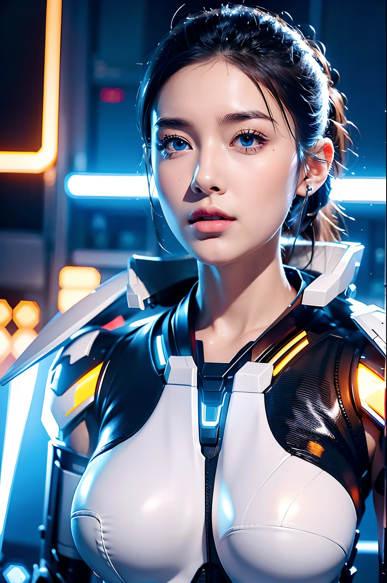 best quality，masterpiece，16k，1girl,blue eyes,glowing,looking at viewer,parted lips,realistic,Chest Glow,Silver all metal mecha,necklace,Black to white gradient hair,Full body mecha,Positive close-up,Silver glowing mecha on chest,science fiction,short hair,solo,upper body,Mecha,Hard surface,Streamlined mecha,Realistic materials,Glowing mecha,Multi light source mecha,night,Neon lights