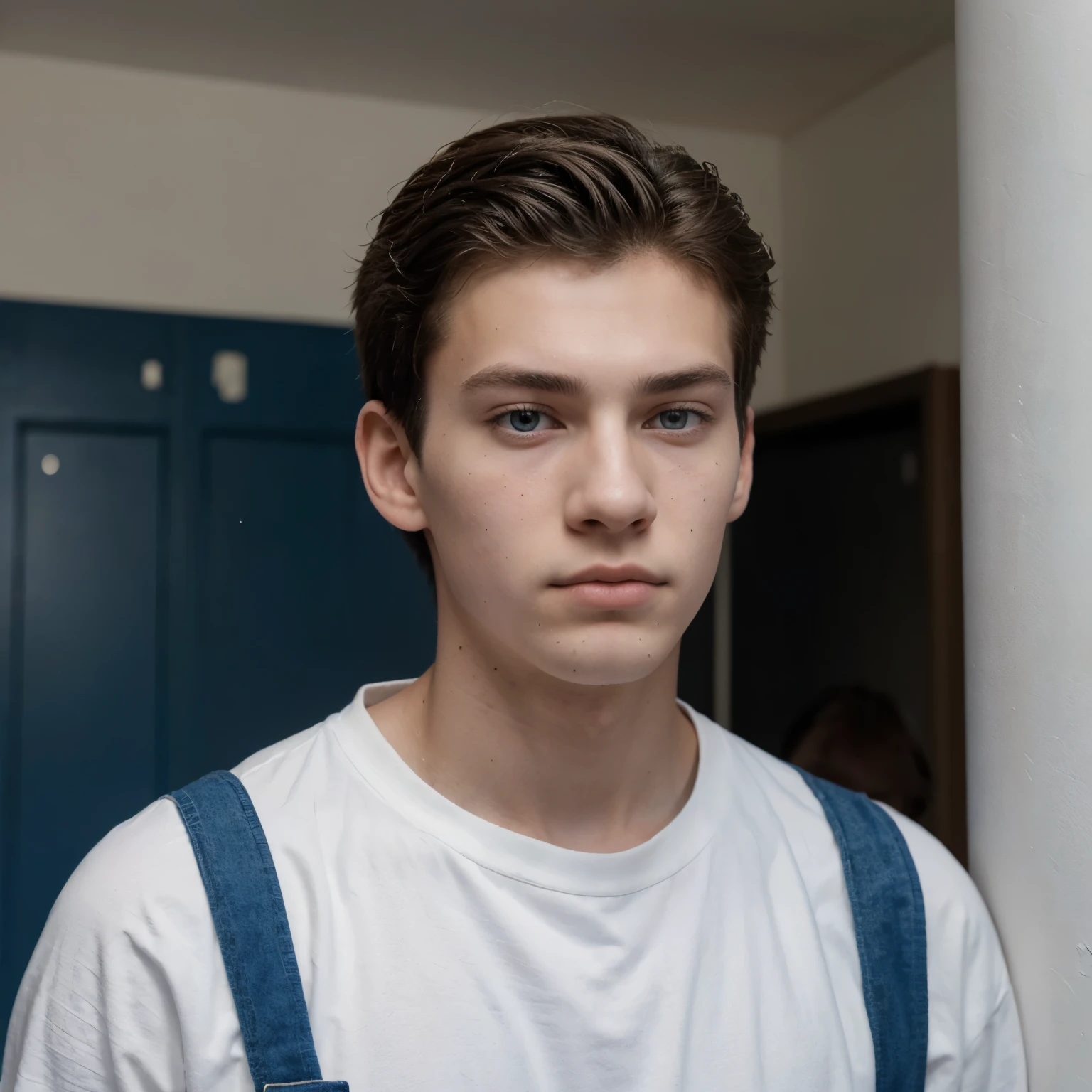 A 16-year-old boy, tall, 1m78 tall with a lean but not imposing build. Il possèderait une touffe blanche avec des yeux verons (bleu a droite, blanc a gauche) and a slight scar on the lip
